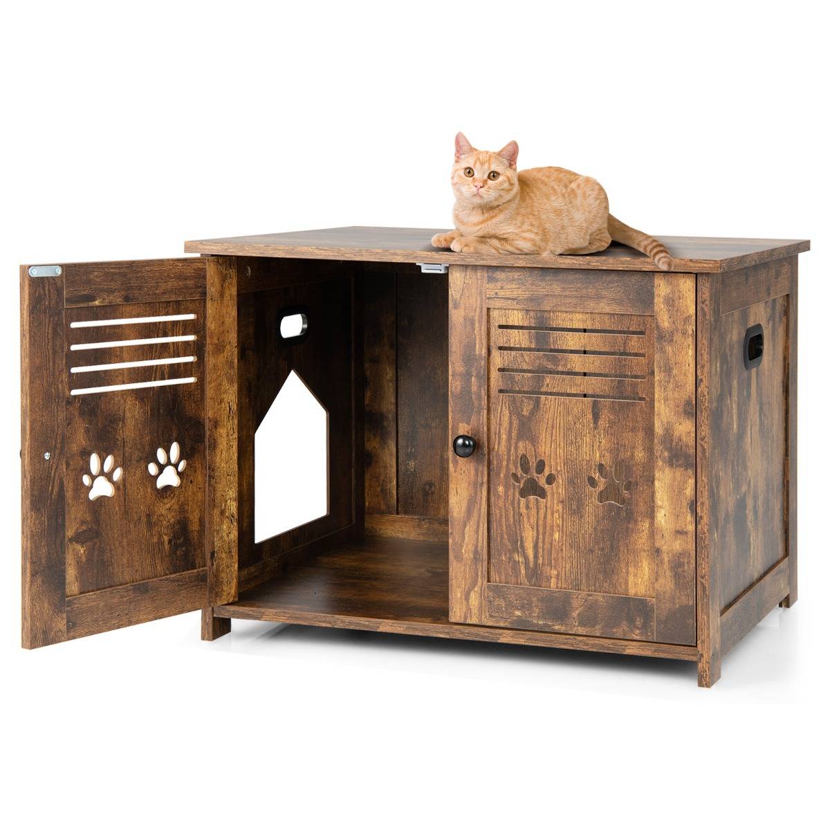 Maison de Toilette pour Chat Double Porte, 70 x 51,5 x 50 cm Trous d’Aérations sur Côté Brun Rustique - Image 1