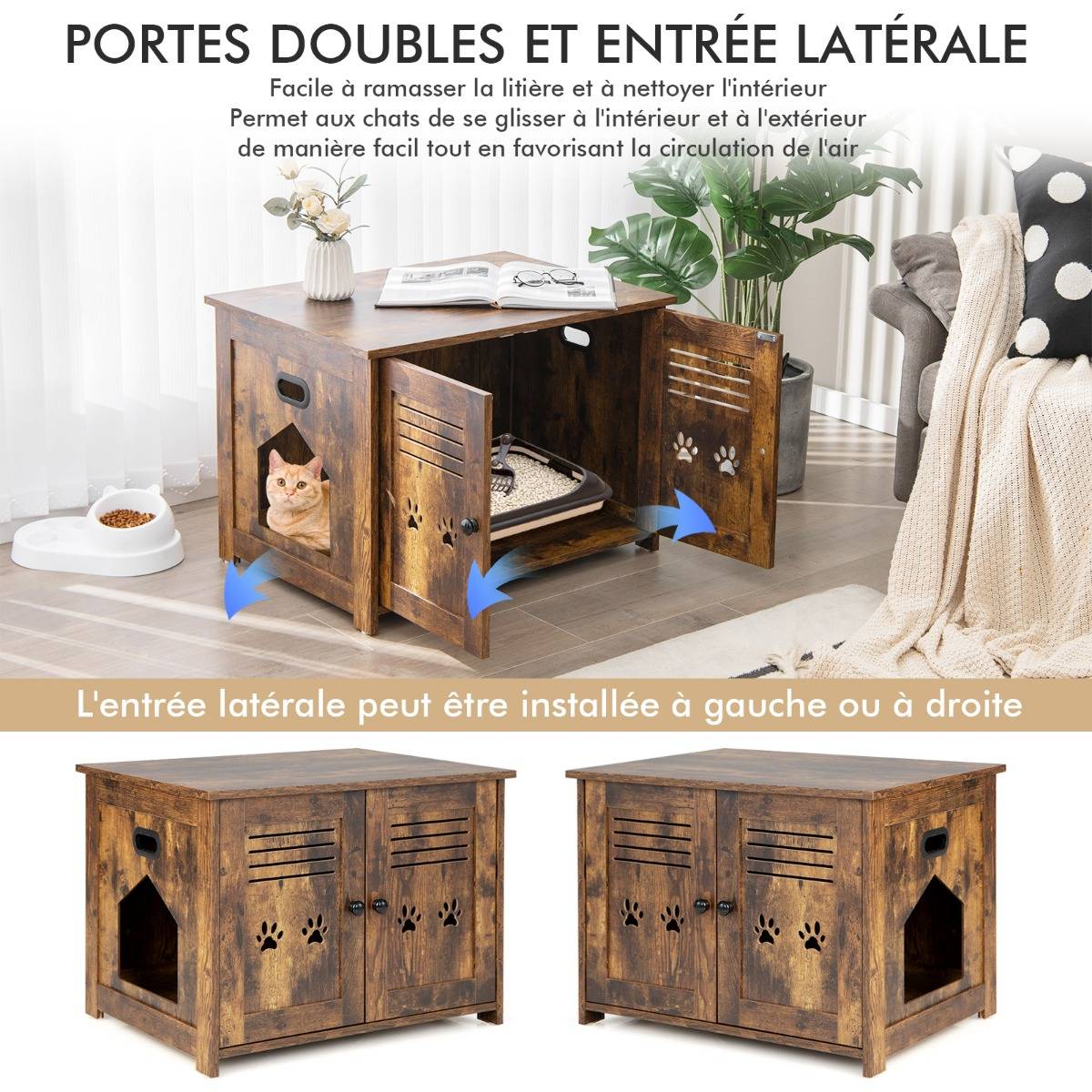 Maison de Toilette pour Chat Double Porte, 70 x 51,5 x 50 cm Trous d’Aérations sur Côté Brun Rustique - Image 7