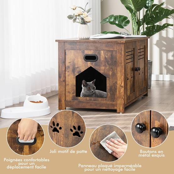 Maison de Toilette pour Chat Double Porte, 70 x 51,5 x 50 cm Trous d’Aérations sur Côté Brun Rustique - Image 6
