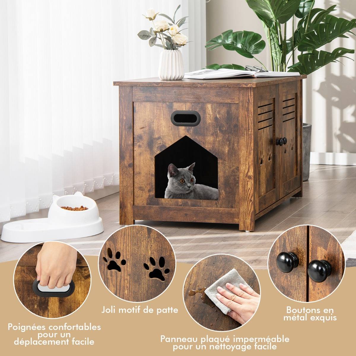 Maison de Toilette pour Chat Double Porte, 70 x 51,5 x 50 cm Trous d’Aérations sur Côté Brun Rustique - Image 6