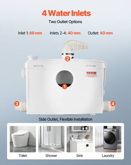 VEVOR Pompe macératrice 1200W, sanitaire 4 entrées eau, 180 L/min, ht. refoulement 10 m. - Image 6