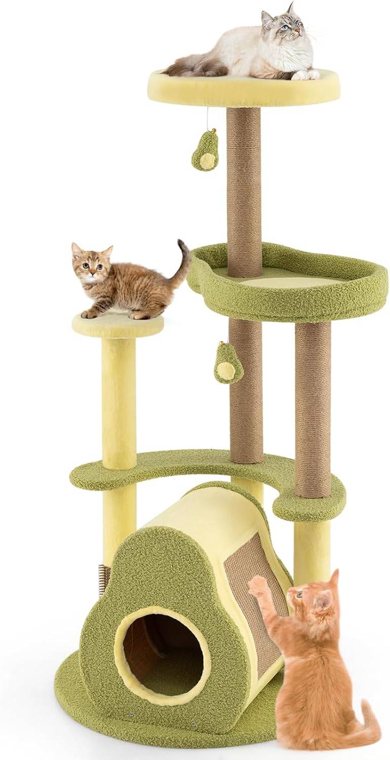 COSTWAY Arbre à Chat XXL 124,5 cm, 2 Griffoirs pour Chat, Planche à Griffer, Brosse d'Toilettage, 5 Niveaux, 4 Plateformes, 59 x 59 x 124,5 cm - Image 1