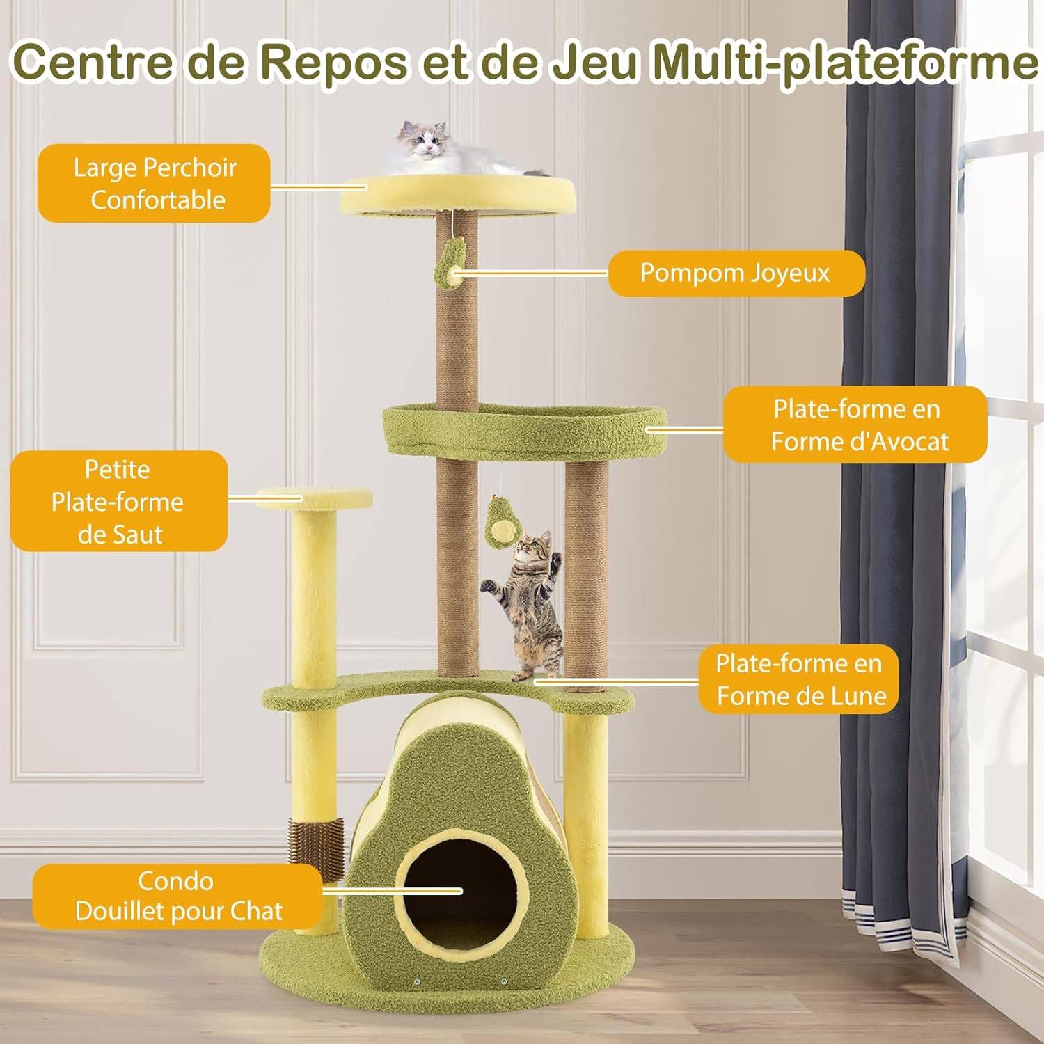 COSTWAY Arbre à Chat XXL 124,5 cm, 2 Griffoirs pour Chat, Planche à Griffer, Brosse d'Toilettage, 5 Niveaux, 4 Plateformes, 59 x 59 x 124,5 cm - Image 5