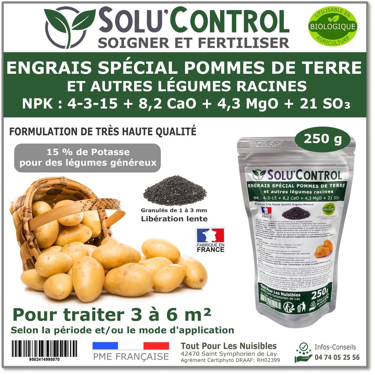 Tout pour les nuisibles - SOLU’CONTROL - 250 g d'engrais spécial pommes de terre et légumes racines 4-3-15 - enrichi en potasse - croissance, grossissement- UAB