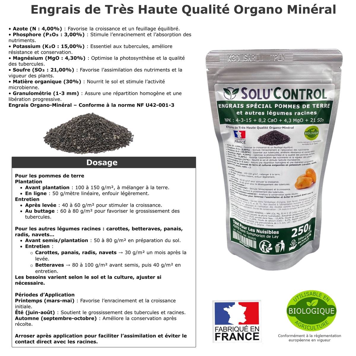 Tout pour les nuisibles - SOLU’CONTROL - 250 g d'engrais spécial pommes de terre et légumes racines 4-3-15 - enrichi en potasse - croissance, grossissement- UAB - Image 2