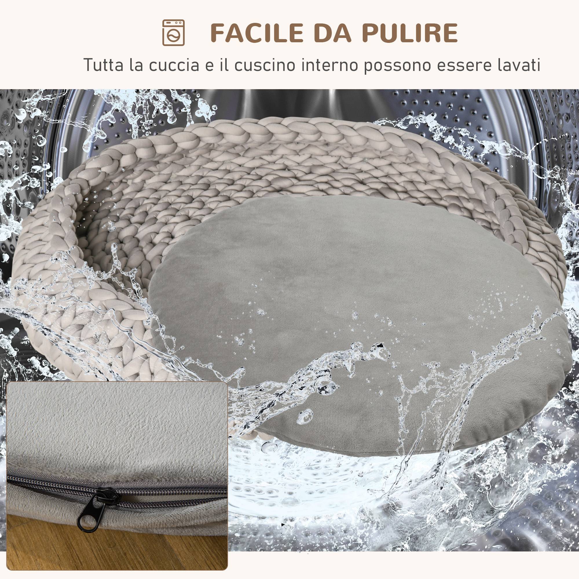 Grand lit rond chien chat coton velours intérieur coussin lavable gris 93x15cm - ComfortXL Outdoor Living - Image 7