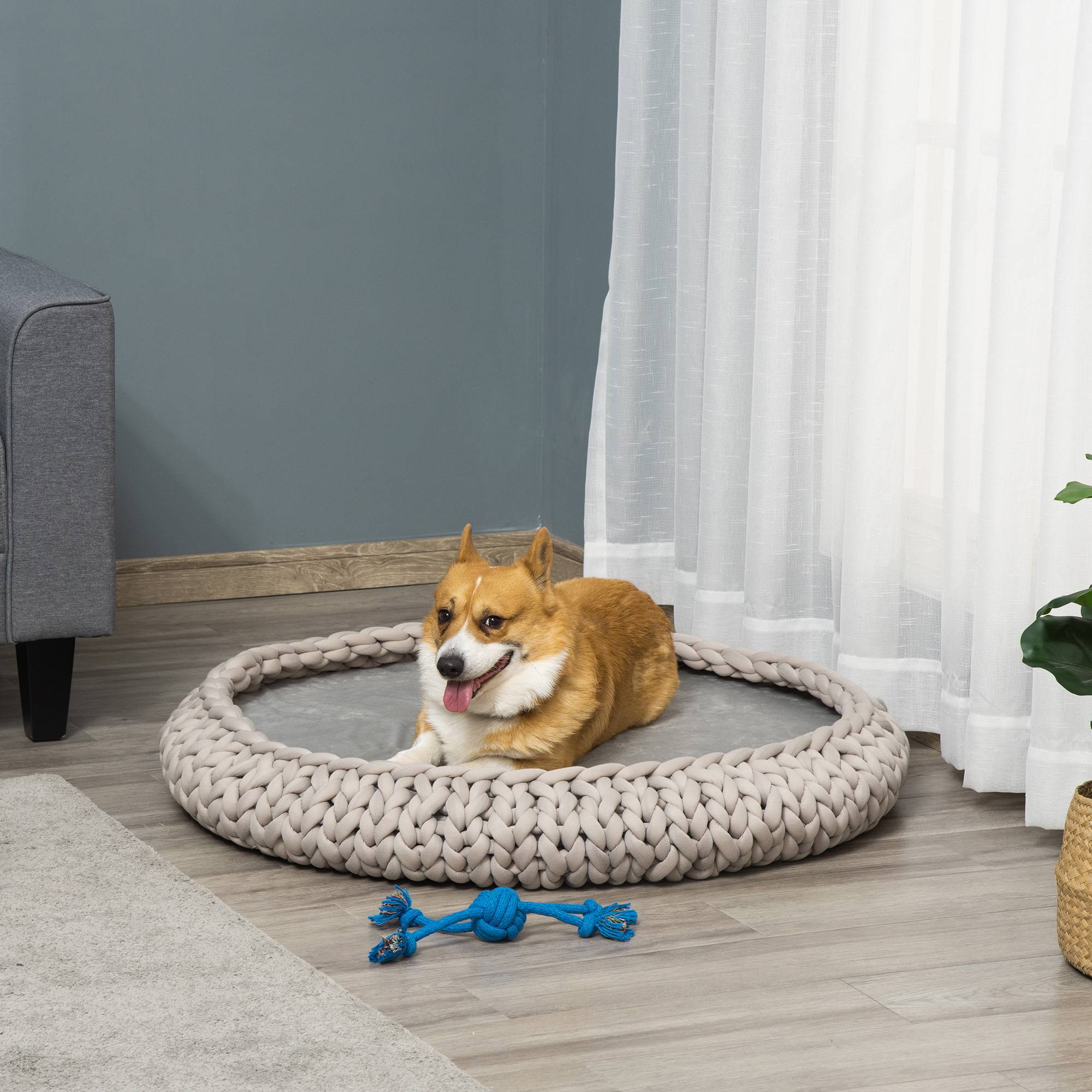 Grand lit rond chien chat coton velours intérieur coussin lavable gris 93x15cm - ComfortXL Outdoor Living - Image 3