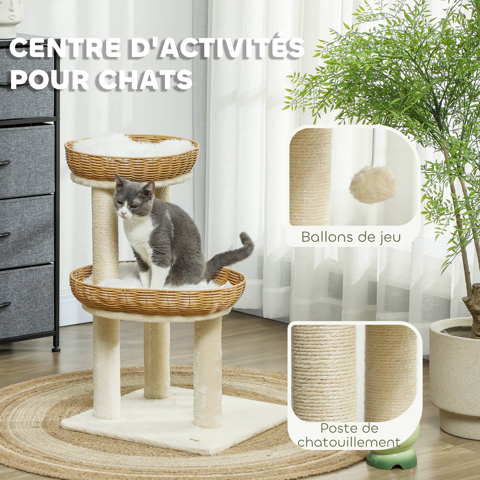 Arbre à chat bois et rotin beige 48 x 48 x 75.5 cm - PANGIVO - Image 6