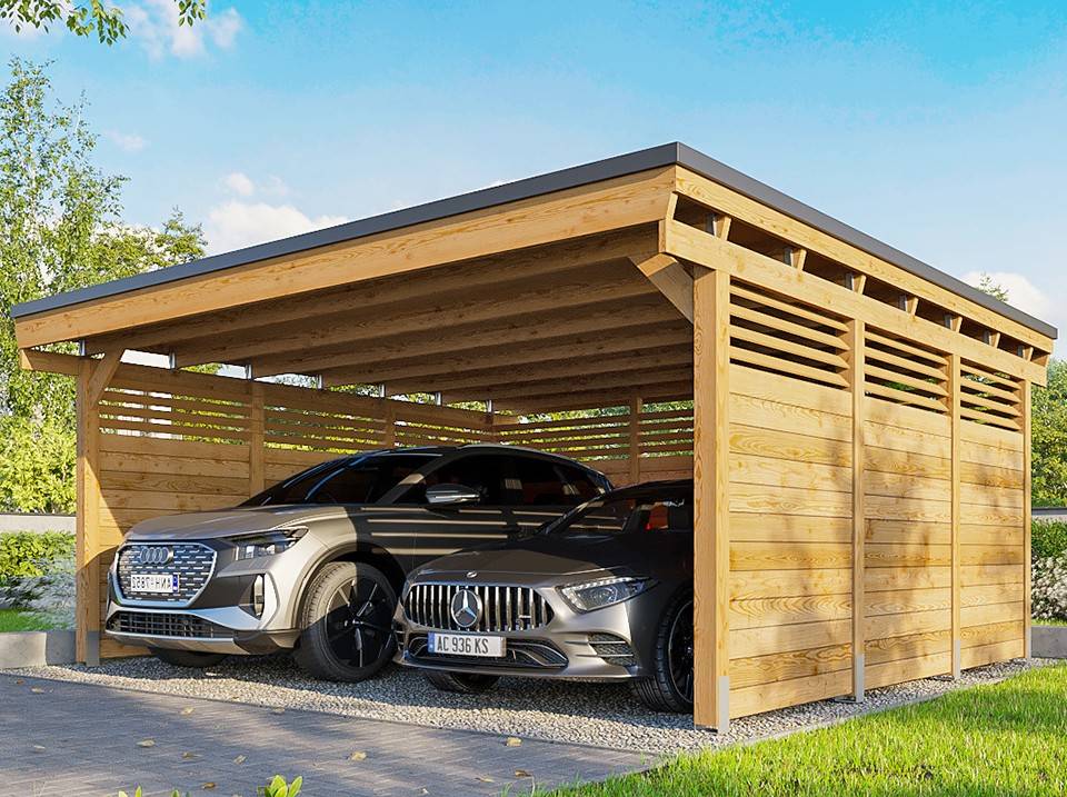 Direct Abris - Carport Bois CASTELLANE 558X555 Panneau de Fond et Latéraux Intégrés - Toiture Bois + Feutre Bitumeux - 2 Voiture - Imagen 1