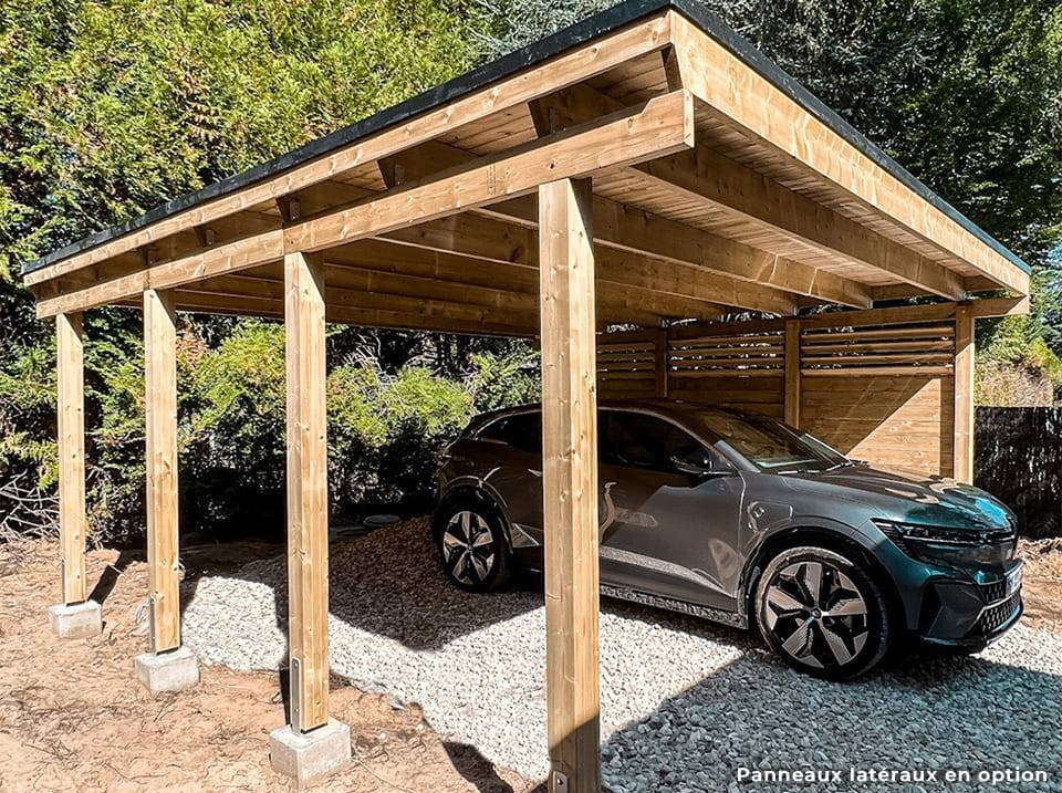Direct Abris - Carport Bois CASTELLANE 558X555 Panneau de Fond et Latéraux Intégrés - Toiture Bois + Feutre Bitumeux - 2 Voiture - Imagen 7
