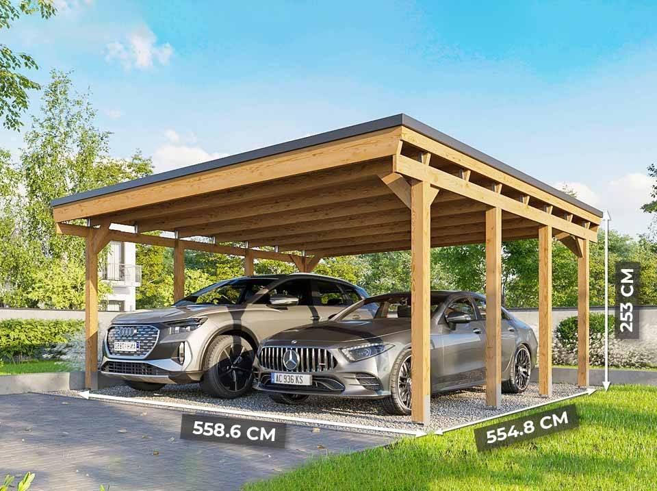 Direct Abris - Carport Bois CASTELLANE 558X555 Panneau de Fond et Latéraux Intégrés - Toiture Bois + Feutre Bitumeux - 2 Voiture - Imagen 2