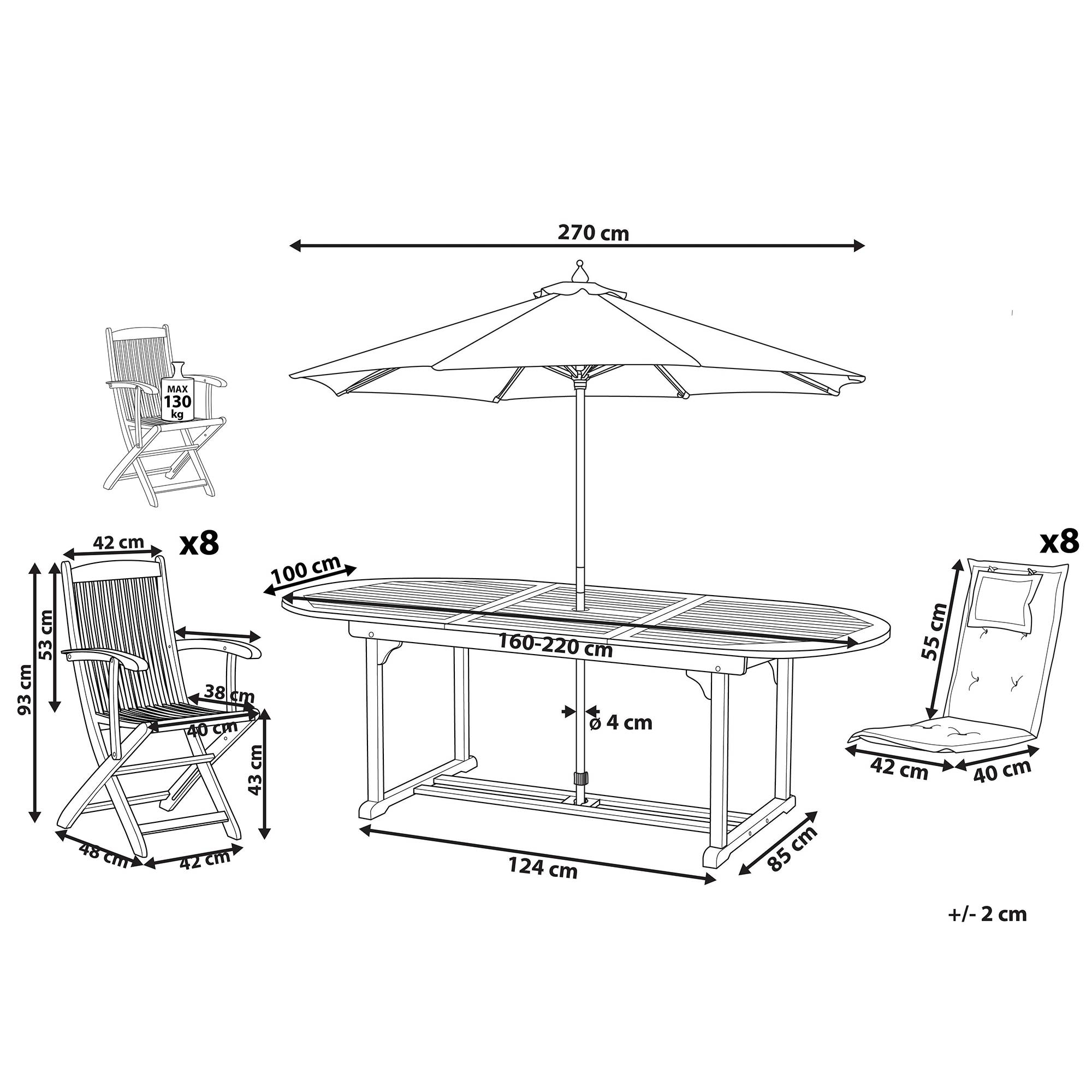 Beliani - Salon de Jardin Table Extensible Ovale et de 8 Chaises Pliables avec Coussins d'Assise Gris et Parasol en Toile Beige Beliani - Imagen 3