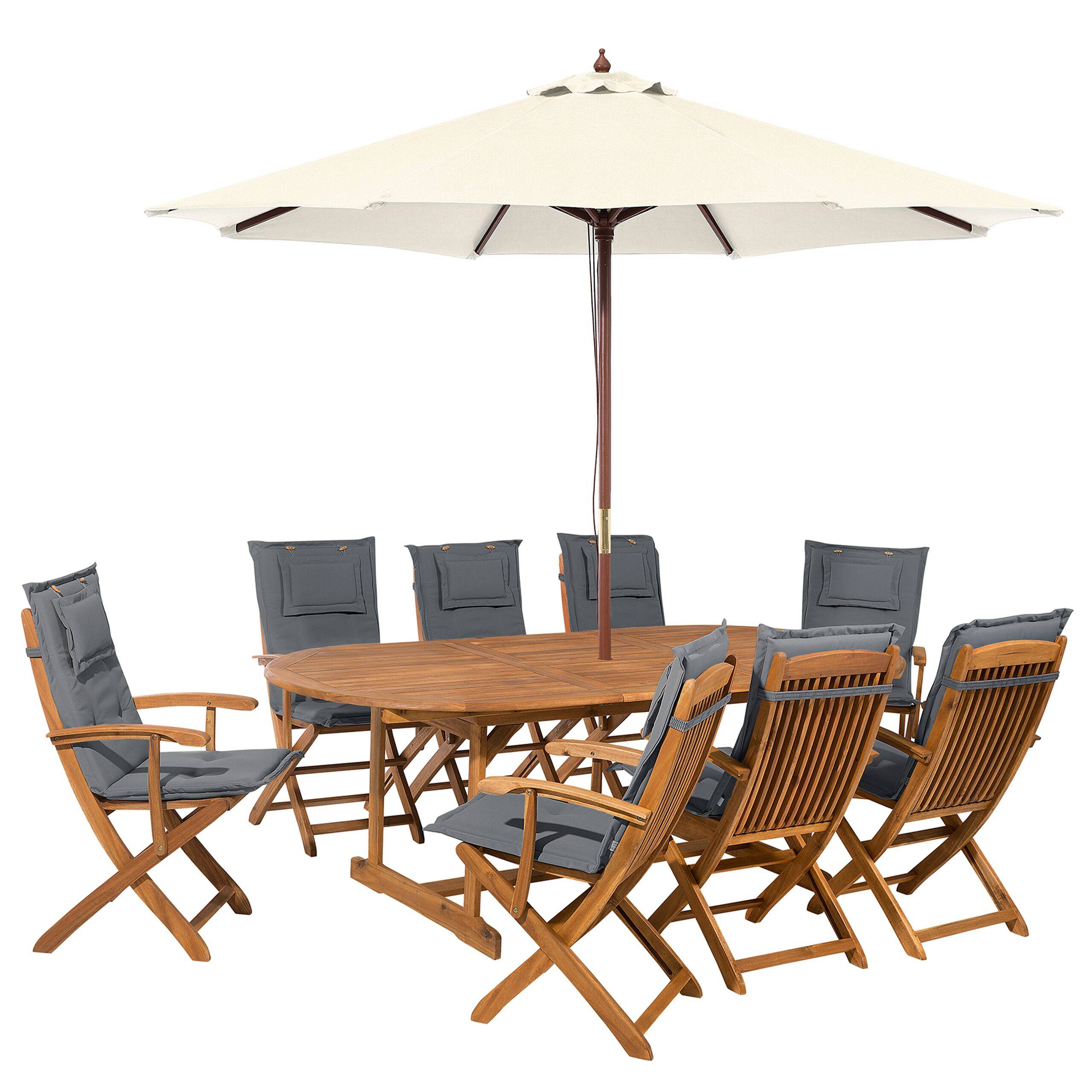 Beliani - Salon de Jardin Table Extensible Ovale et de 8 Chaises Pliables avec Coussins d'Assise Gris et Parasol en Toile Beige Beliani - Imagen 1