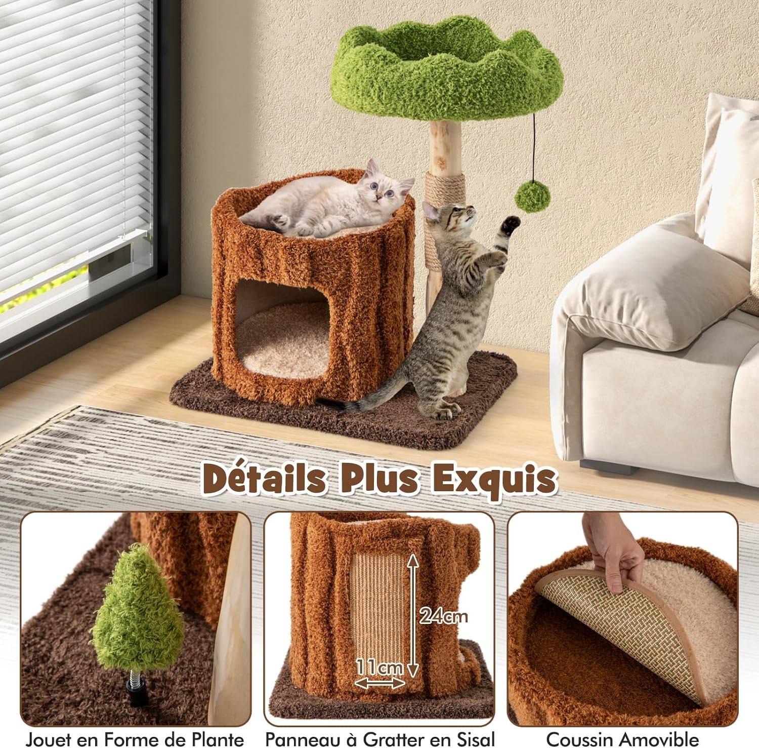 Costway - COSTWAY Arbre a Chat Design 73 cm, en Bois, 2 Plateformes, Poteaux à Griffer en Jute, Petit Arbre a Chat, Planche à Griffer en Sisal - Image 7