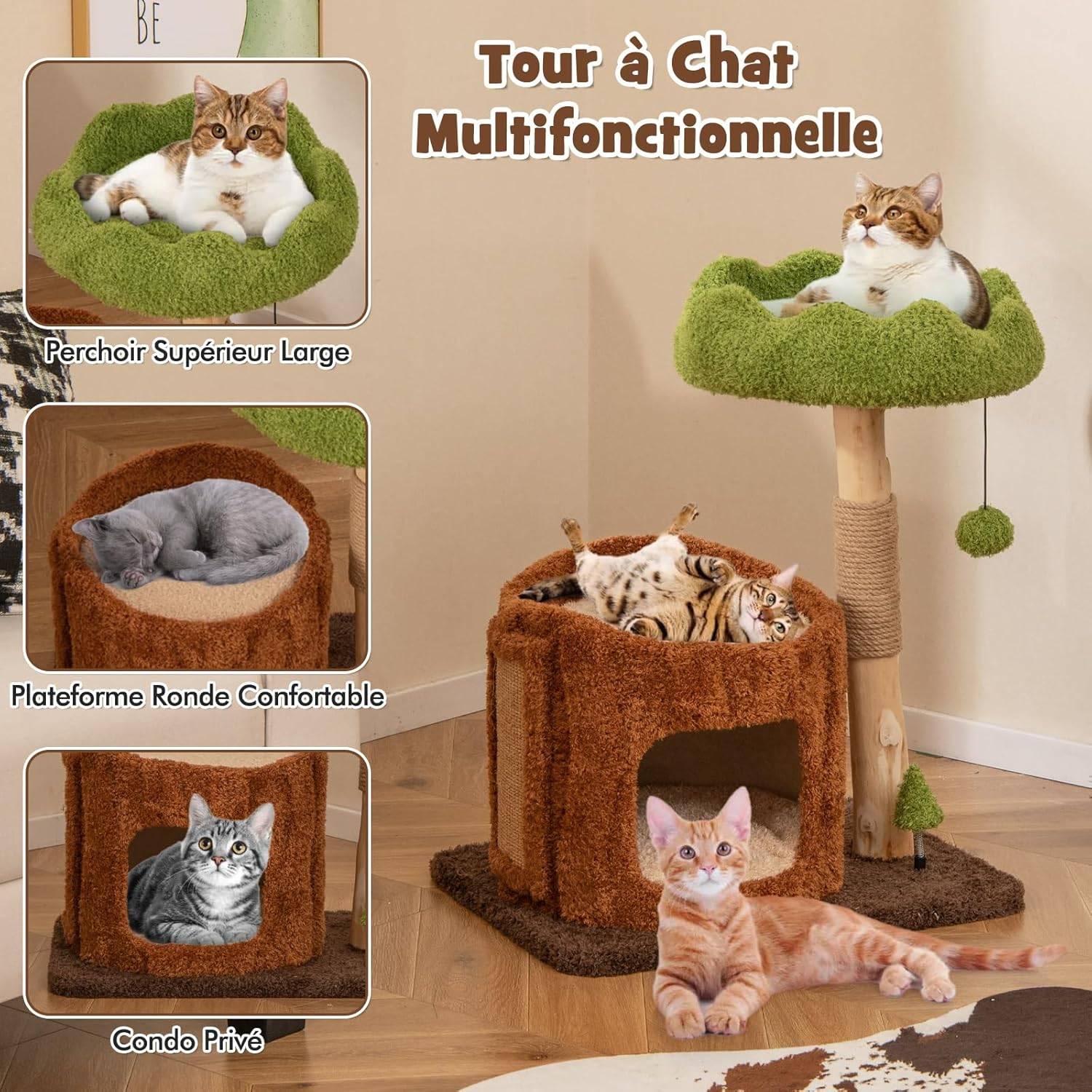 Costway - COSTWAY Arbre a Chat Design 73 cm, en Bois, 2 Plateformes, Poteaux à Griffer en Jute, Petit Arbre a Chat, Planche à Griffer en Sisal - Image 4