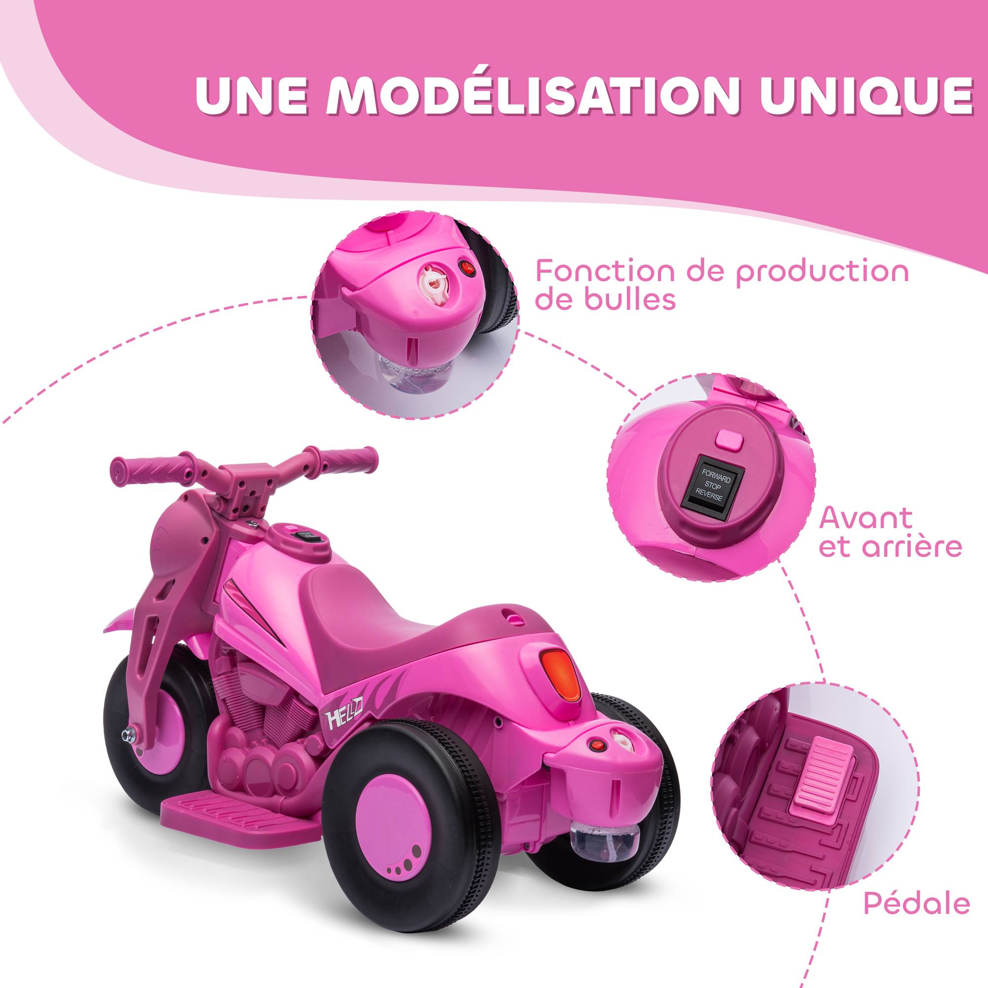 Moto électrique enfants 2-5 ans, 3 roues, 6 V, 3 km/h, avec fonction de bulles, effets lumineux et sonores, rose - Image 8