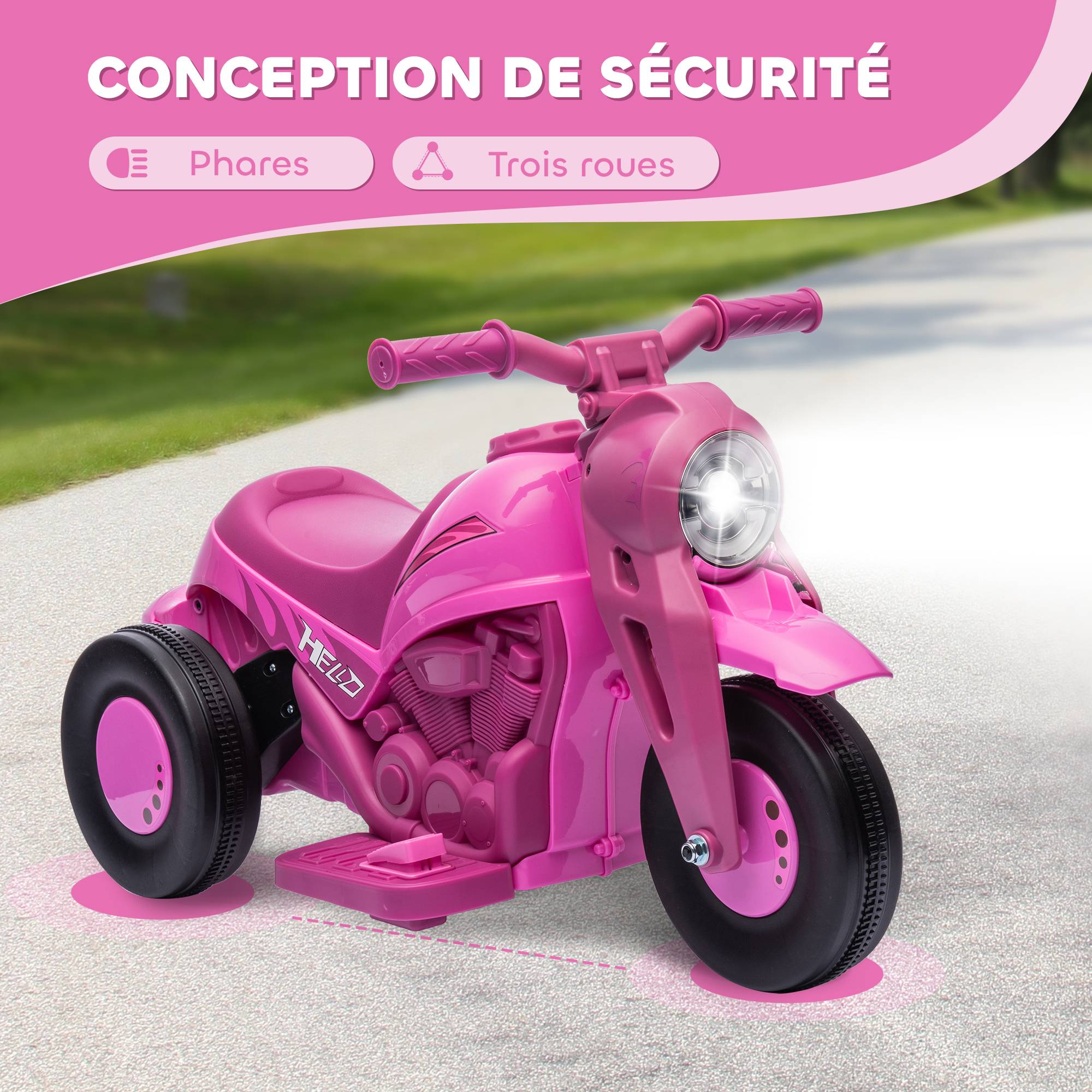 Moto électrique enfants 2-5 ans, 3 roues, 6 V, 3 km/h, avec fonction de bulles, effets lumineux et sonores, rose - Image 7
