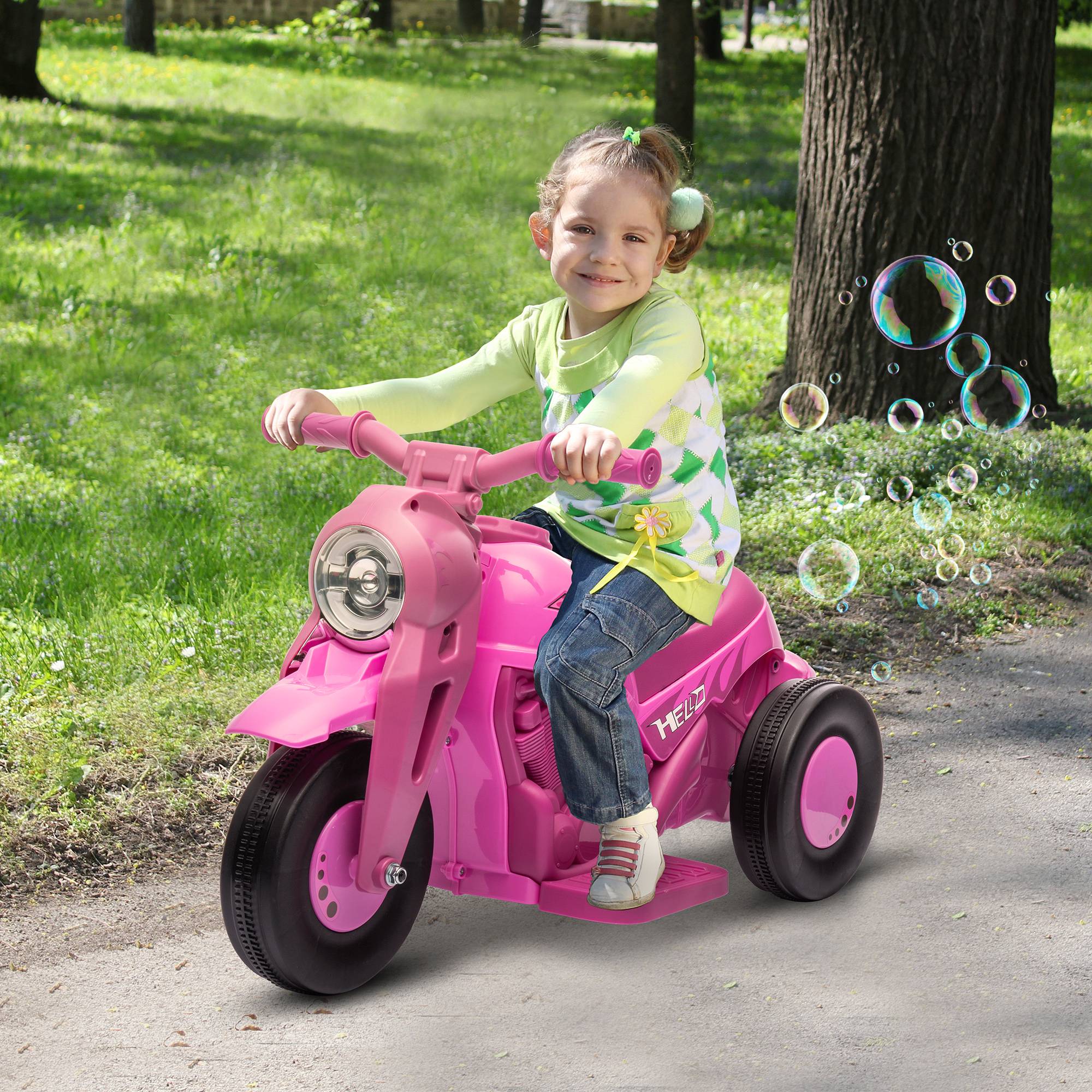 Moto électrique enfants 2-5 ans, 3 roues, 6 V, 3 km/h, avec fonction de bulles, effets lumineux et sonores, rose - Image 3