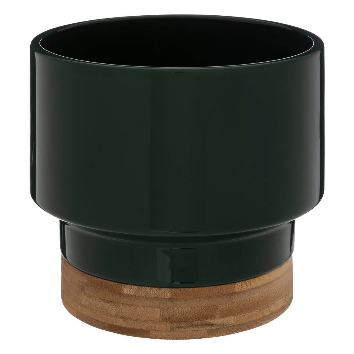 Pot en Céramique Vert Foncé et Bambou D 16 x H 17 cm - Image 1