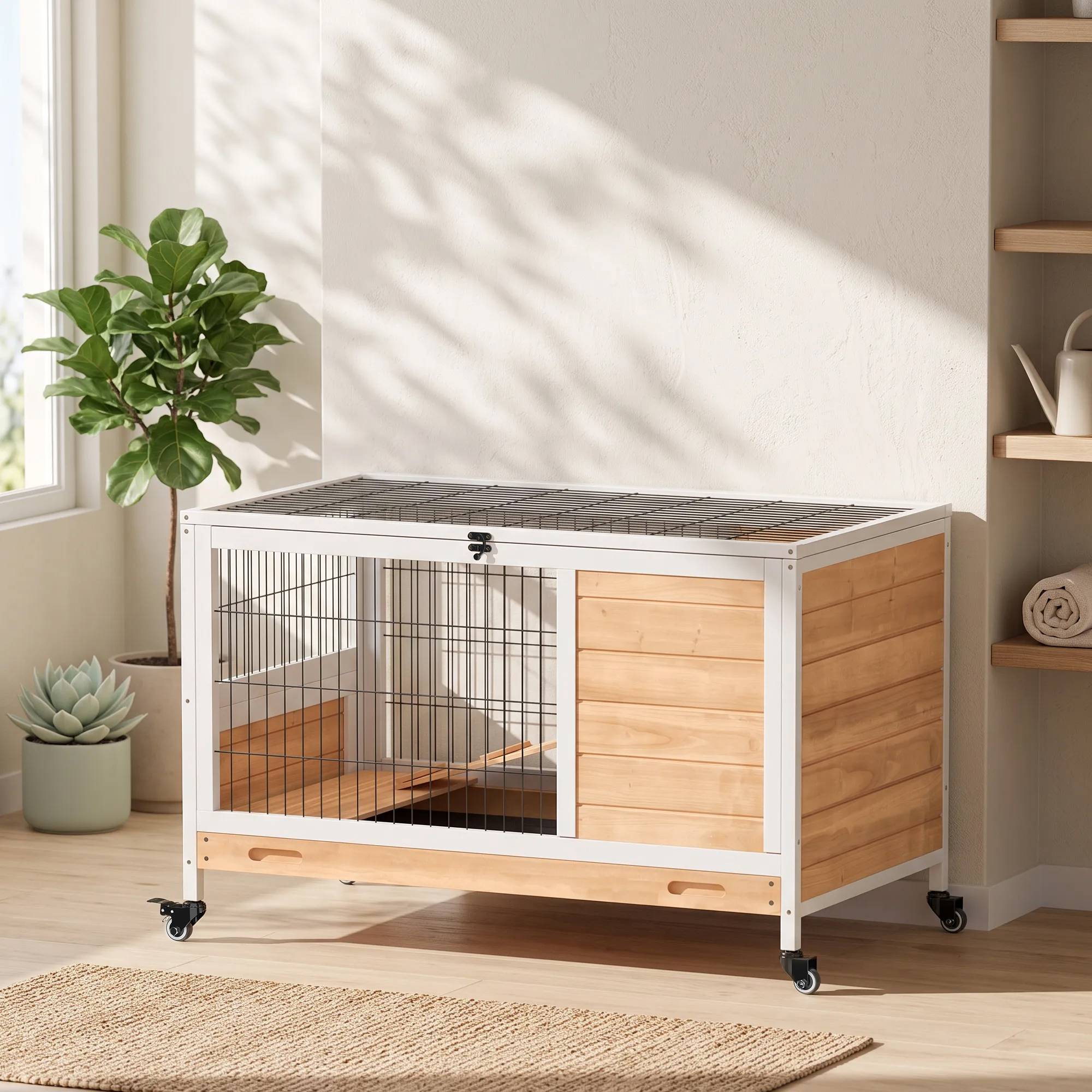 Clapier lapin en bois avec 4 roulettes, niche et rampe, 90x53x59cm, jaune - Image 10