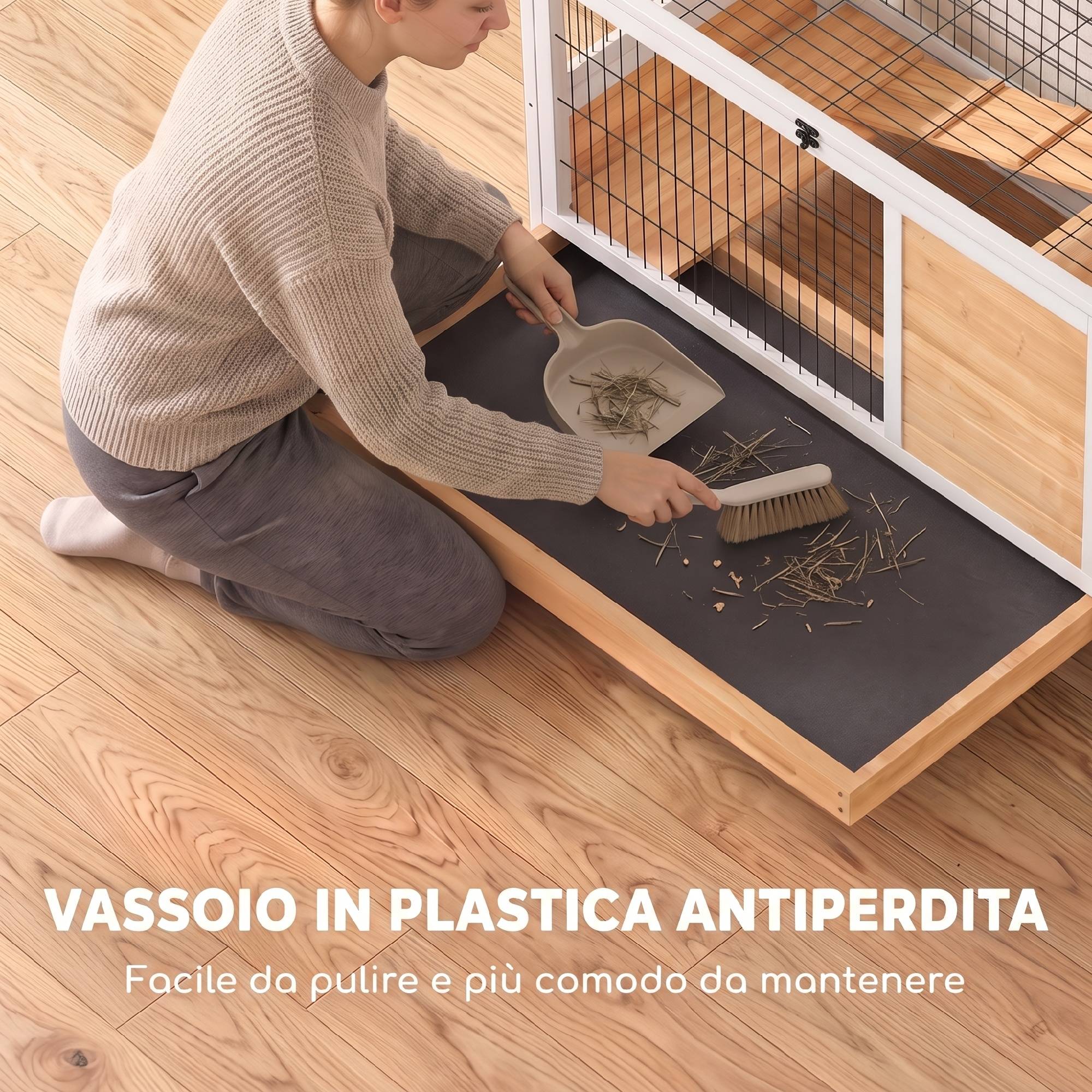 Clapier lapin en bois avec 4 roulettes, niche et rampe, 90x53x59cm, jaune - Image 8