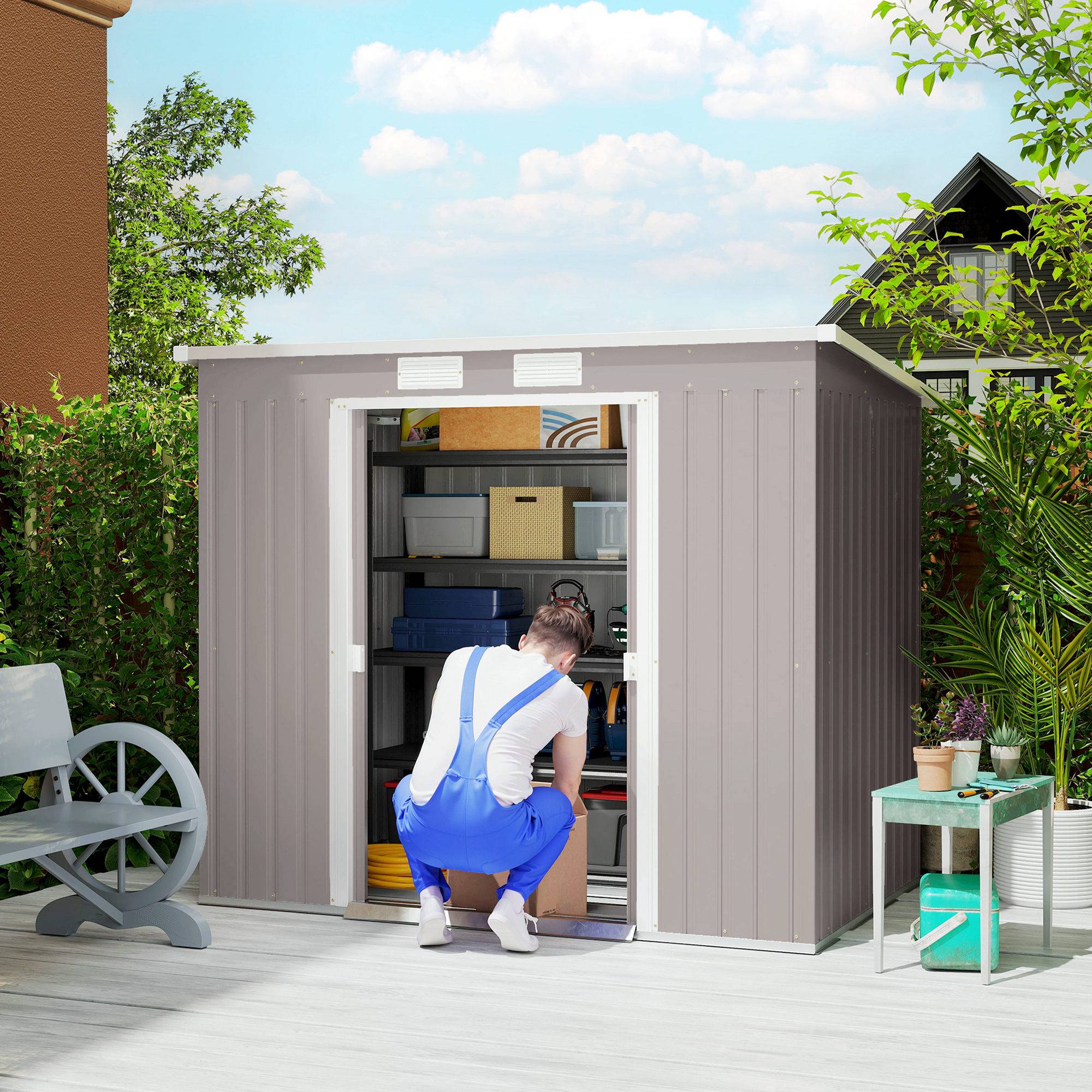 Abri de jardin acier galvanisé fenêtres aération portes coulissantes 213x130x172 cm gris clair cabanon jardin extérieur - Image 3