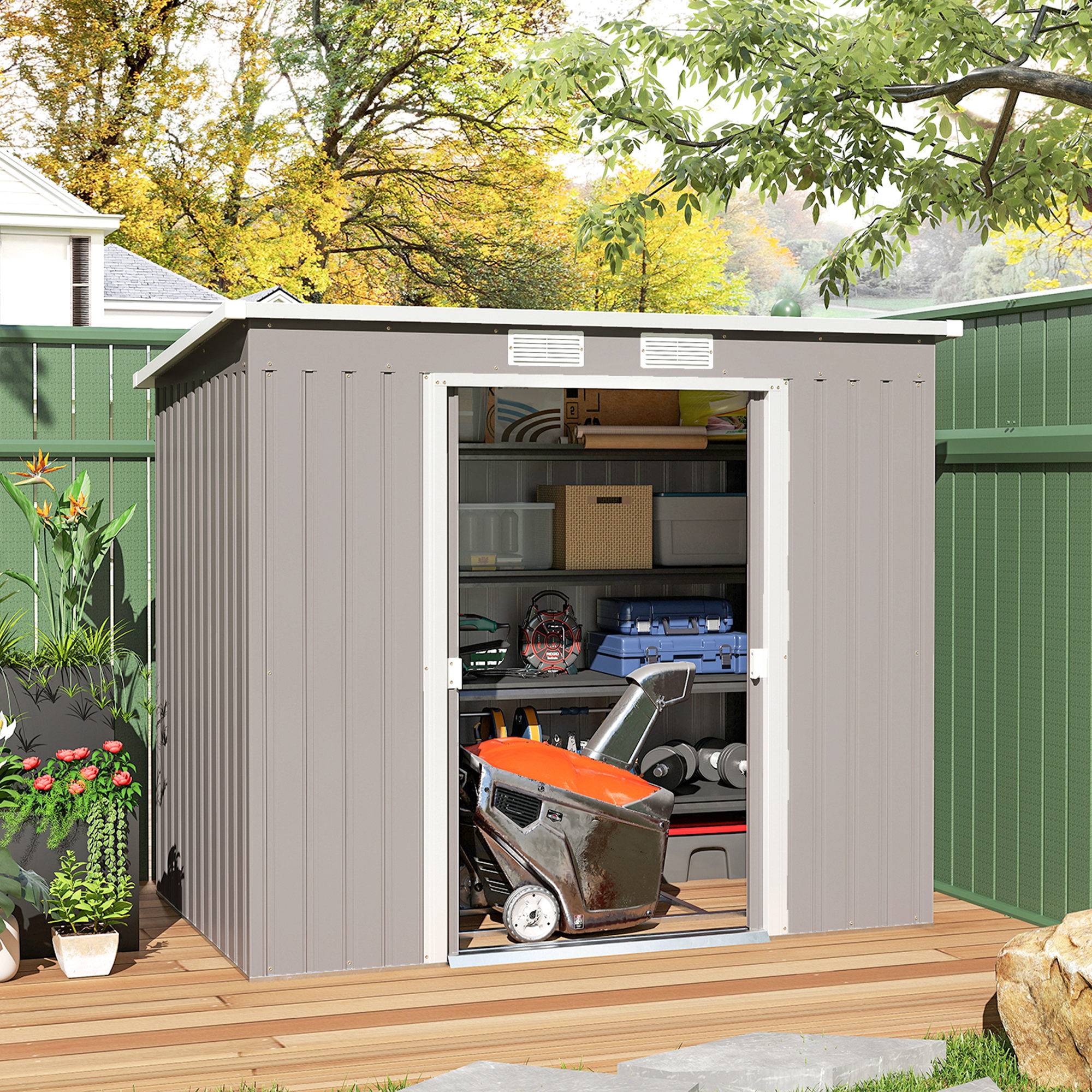 Abri de jardin acier galvanisé fenêtres aération portes coulissantes 213x130x172 cm gris clair cabanon jardin extérieur - Image 4