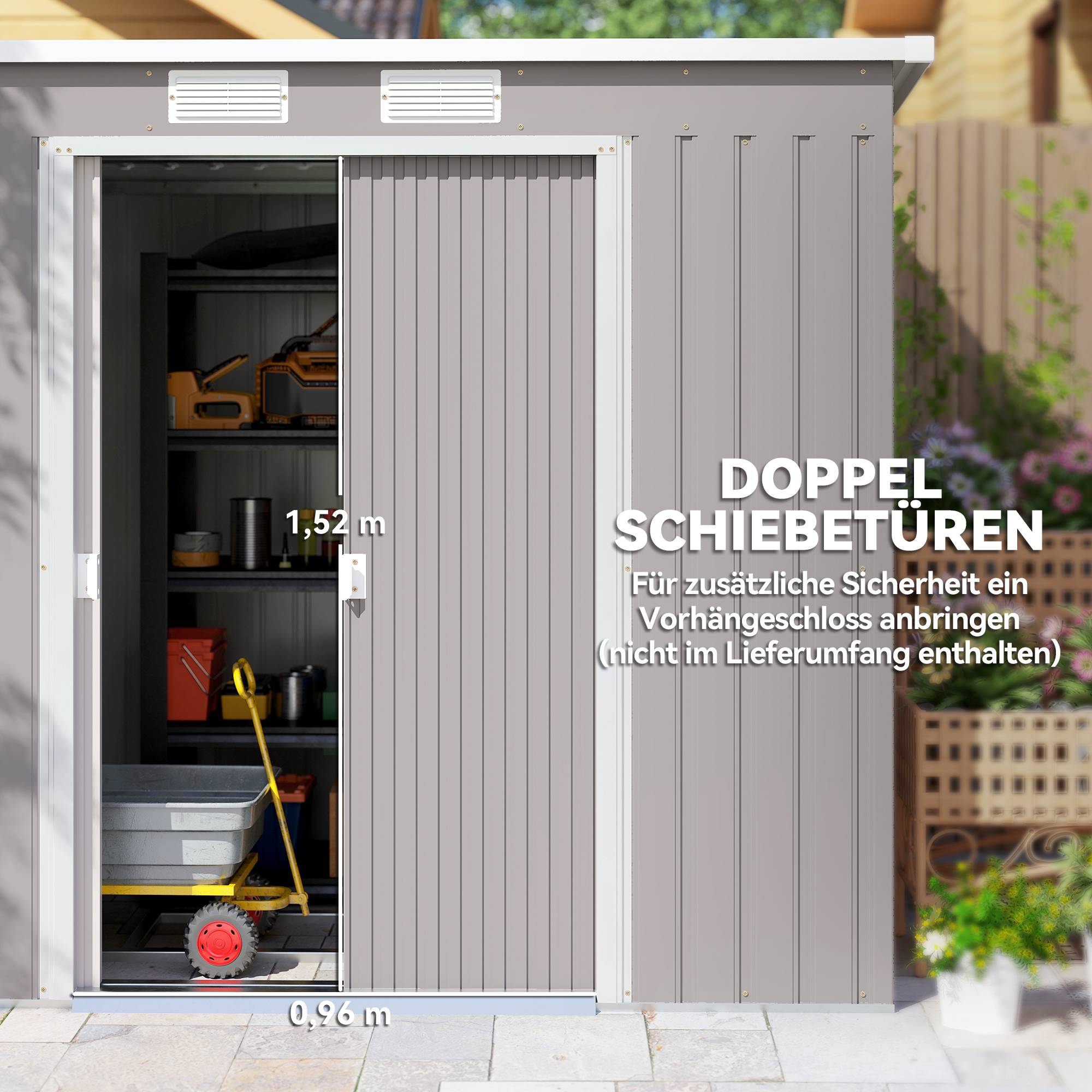 Abri de jardin acier galvanisé fenêtres aération portes coulissantes 213x130x172 cm gris clair cabanon jardin extérieur - Image 7