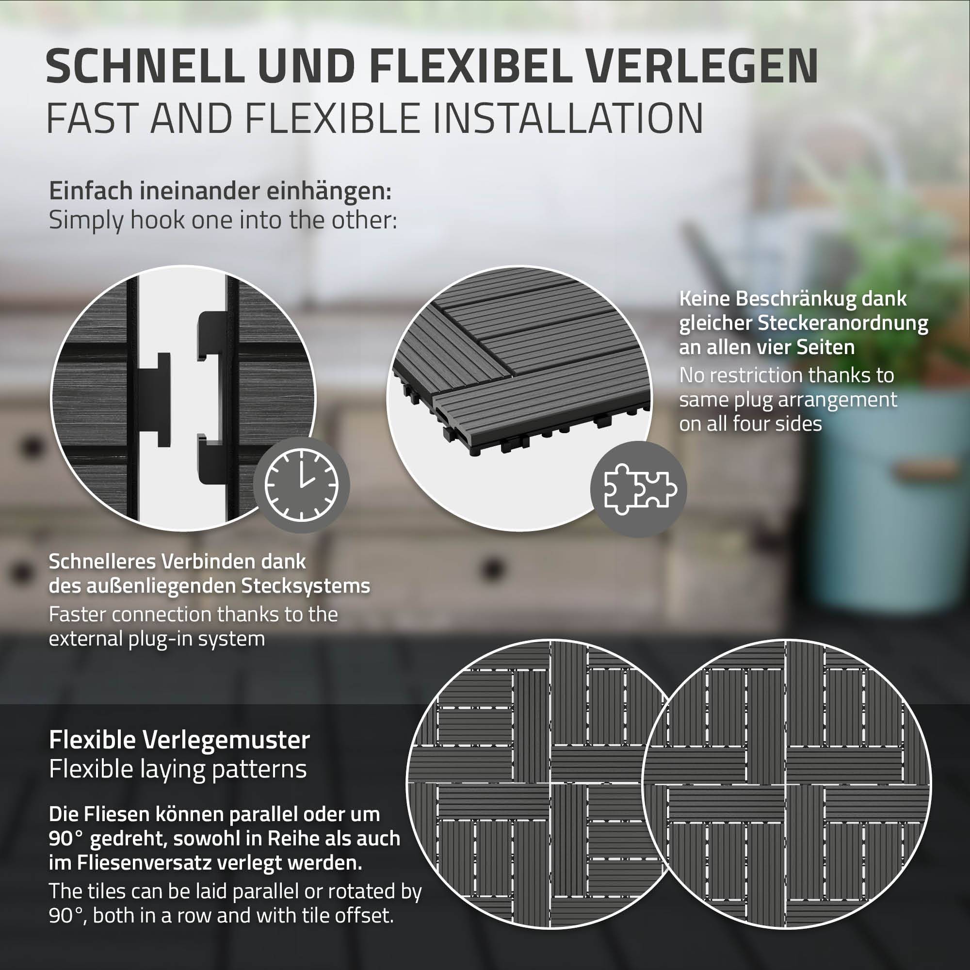 Ecd-Germany - Carreaux WPC de sol 30x30 cm 3 m² pour mosaïque anthracite - Imagen 5