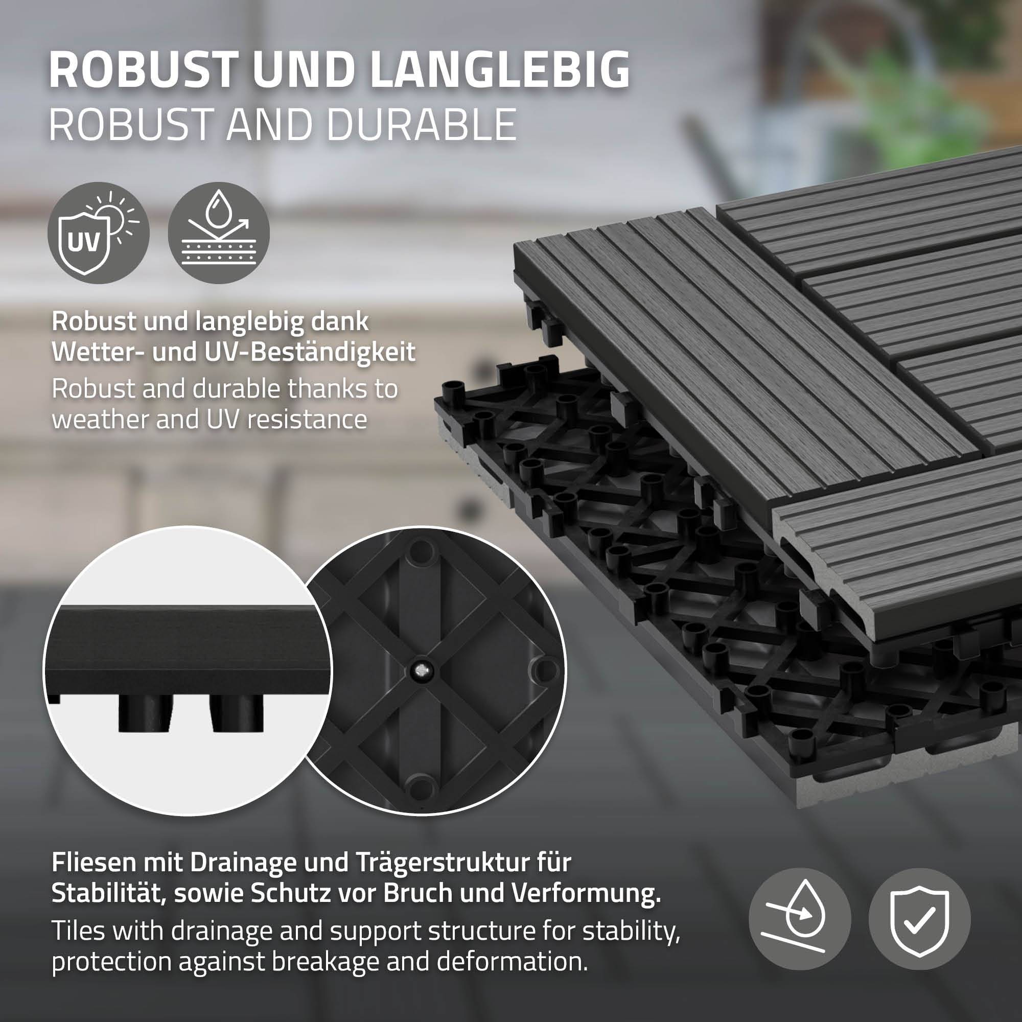 Ecd-Germany - Carreaux WPC de sol 30x30 cm 3 m² pour mosaïque anthracite - Imagen 3