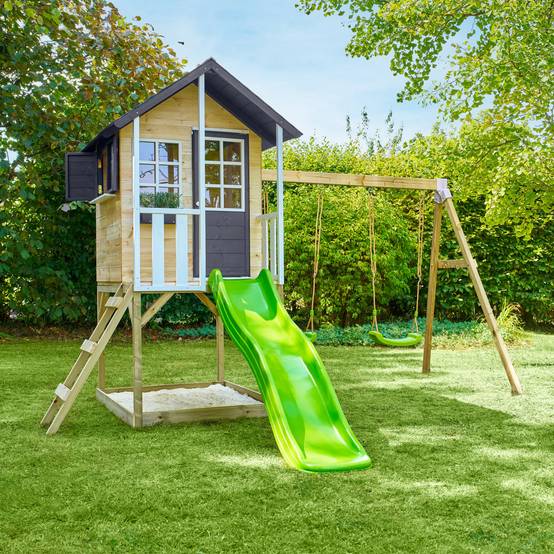 Maisonnette modulable sur pilotis avec balcon, glissière et deux balançoires JACINTHES en bois FSC® - Image 9