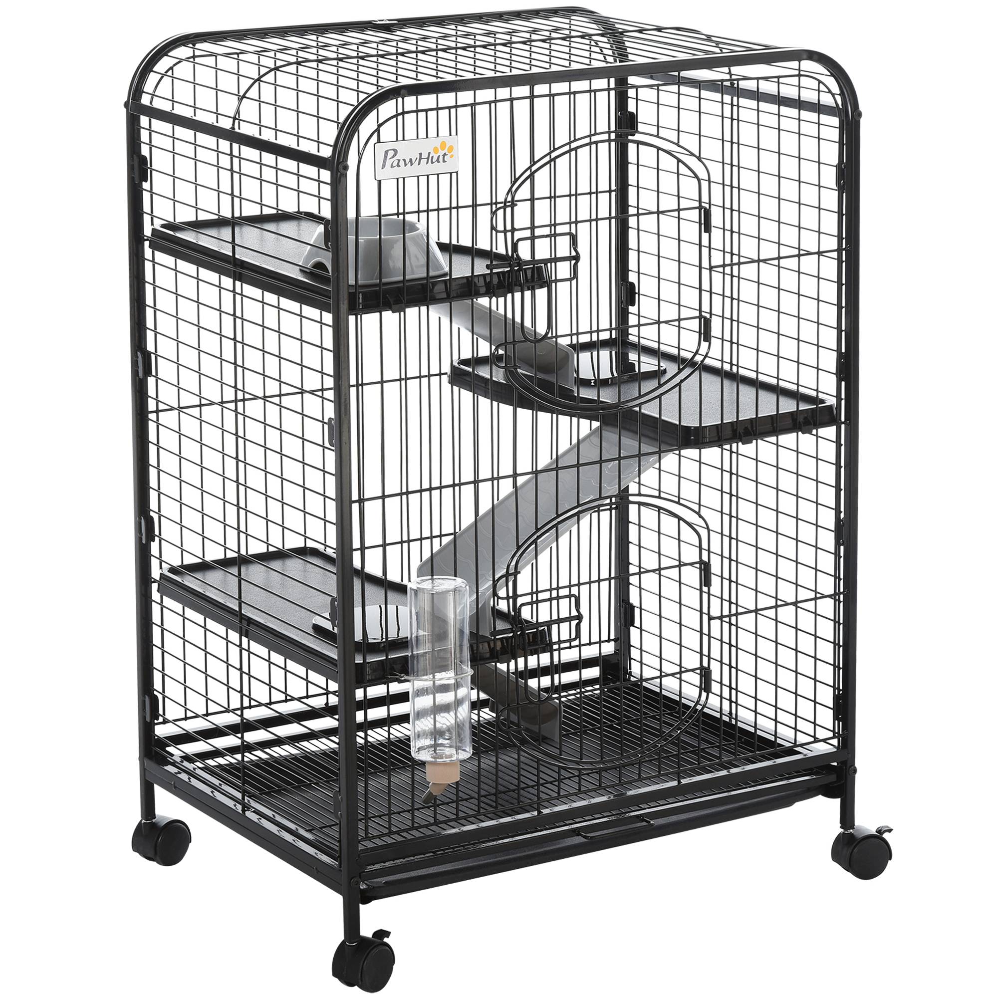 Pawhut - PawHut Cage pour Petits Animaux Roulante 3 Rampes 3 Plates-formes Plat et Bouteille d'Eau Bac Inférieur Amovible Acier PP Noire - Imagen 1