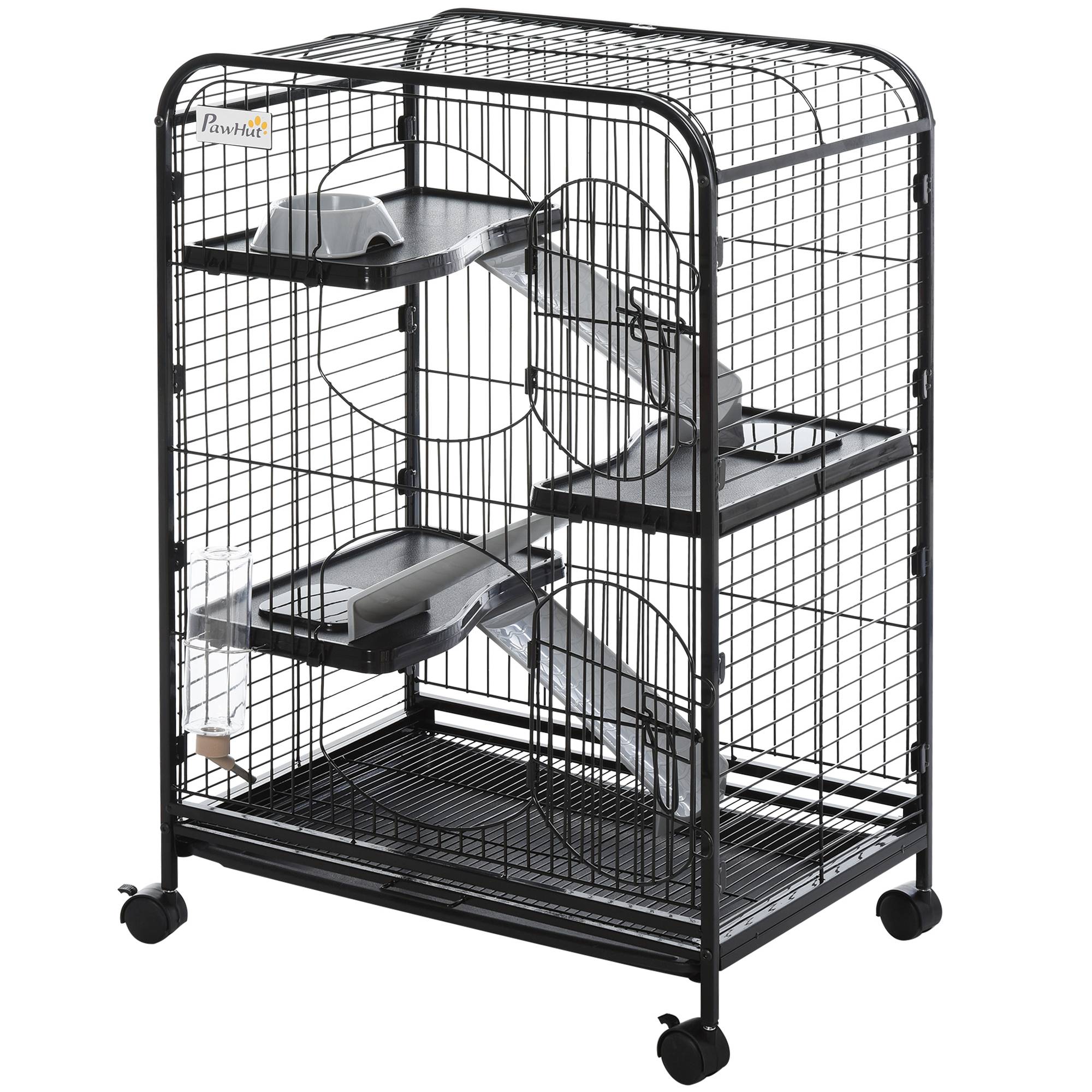 Pawhut - PawHut Cage pour Petits Animaux Roulante 3 Rampes 3 Plates-formes Plat et Bouteille d'Eau Bac Inférieur Amovible Acier PP Noire - Imagen 4