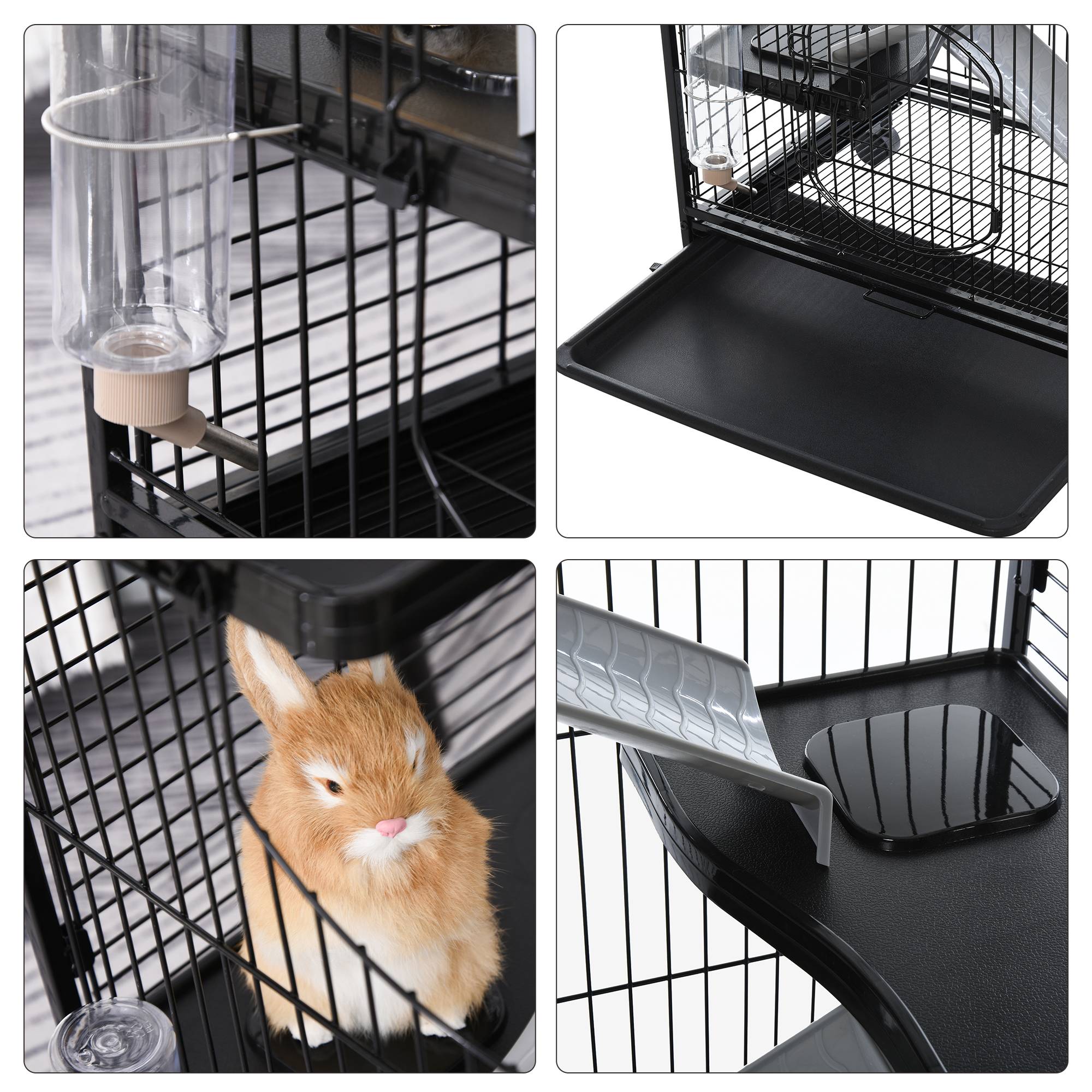 Pawhut - PawHut Cage pour Petits Animaux Roulante 3 Rampes 3 Plates-formes Plat et Bouteille d'Eau Bac Inférieur Amovible Acier PP Noire - Imagen 5