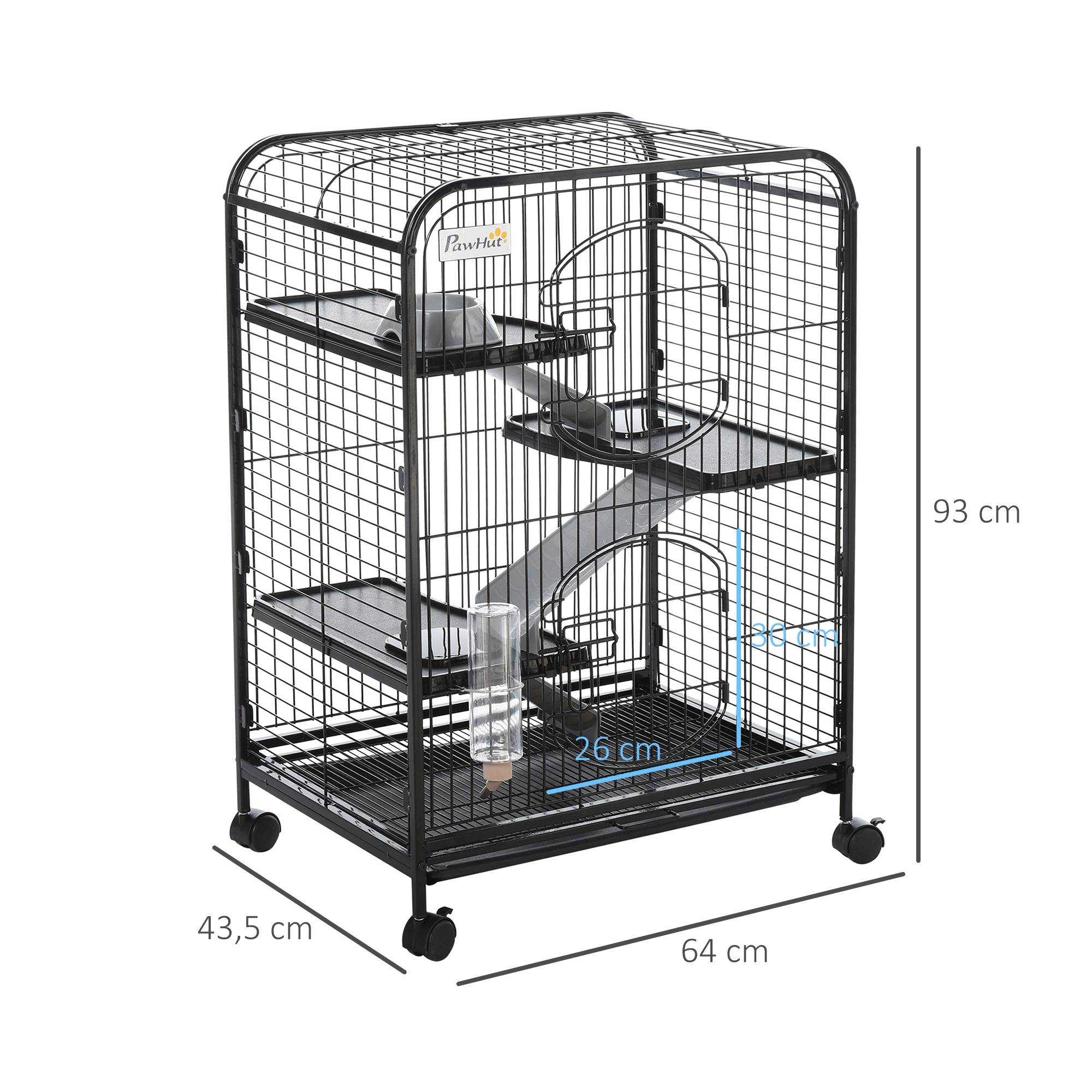 Pawhut - PawHut Cage pour Petits Animaux Roulante 3 Rampes 3 Plates-formes Plat et Bouteille d'Eau Bac Inférieur Amovible Acier PP Noire - Imagen 3