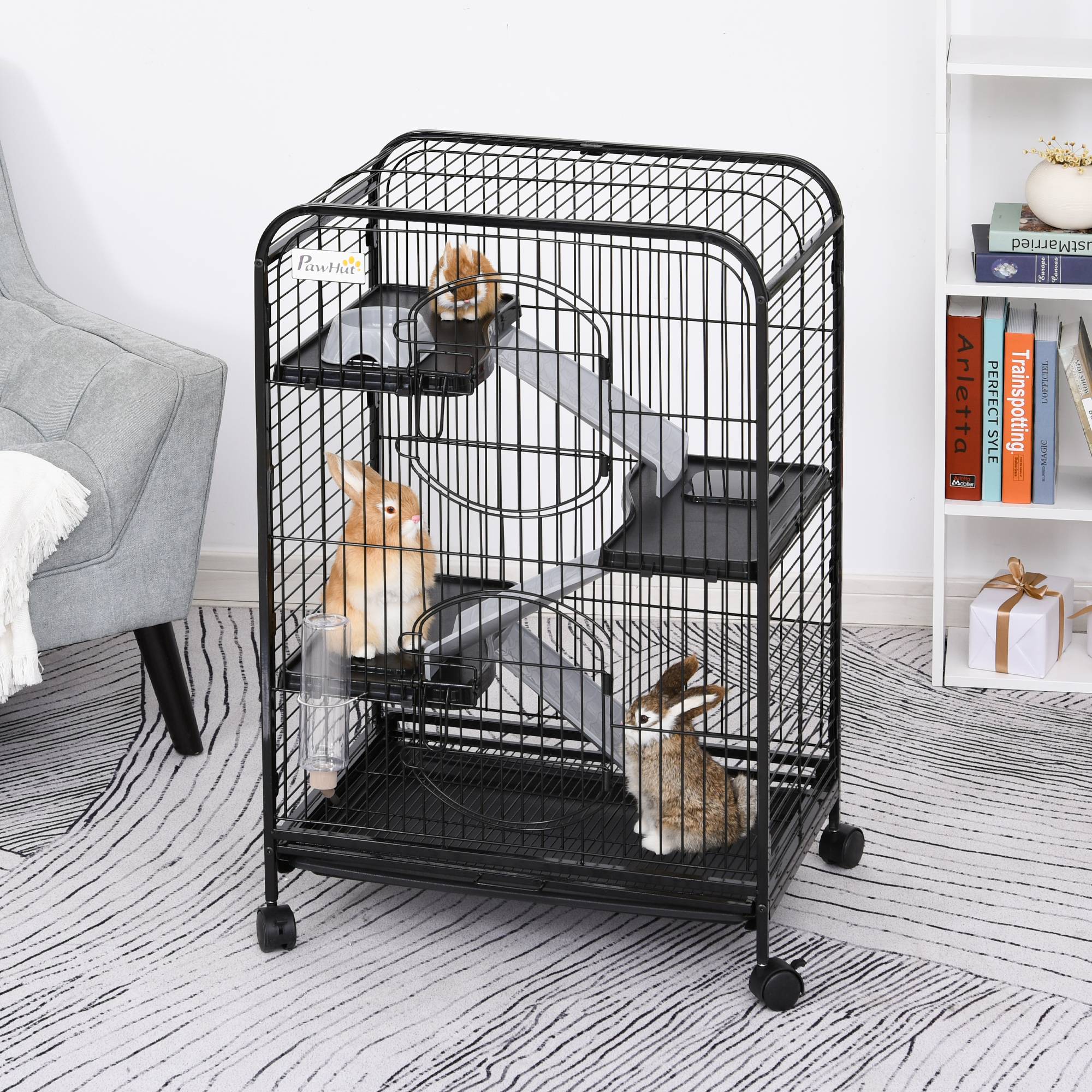 Pawhut - PawHut Cage pour Petits Animaux Roulante 3 Rampes 3 Plates-formes Plat et Bouteille d'Eau Bac Inférieur Amovible Acier PP Noire - Imagen 2