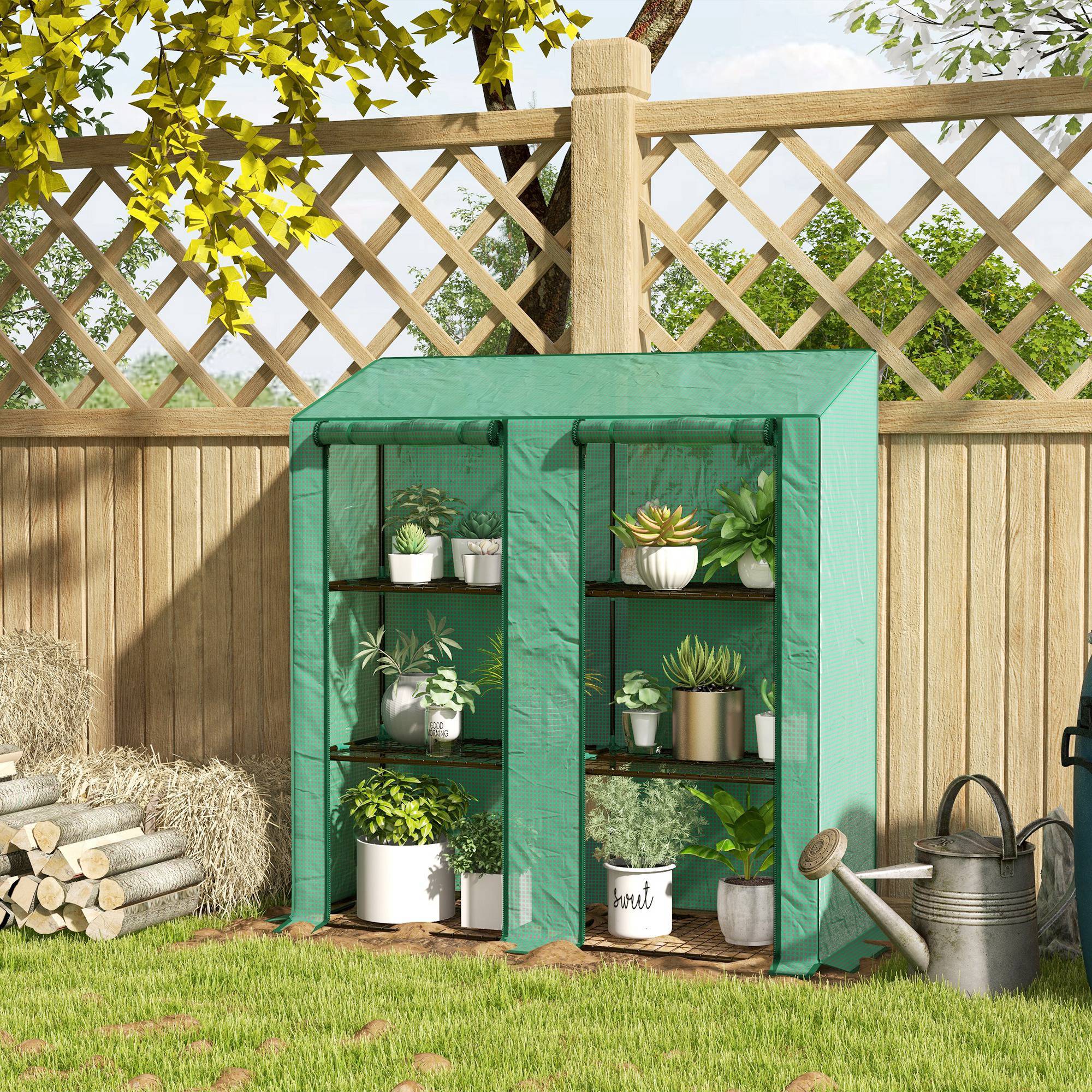 Serre de jardin à 3 niveaux avec étagères, toit incliné et portes zippées, 143 x 46 x 141/151 cm, verte - Image 4