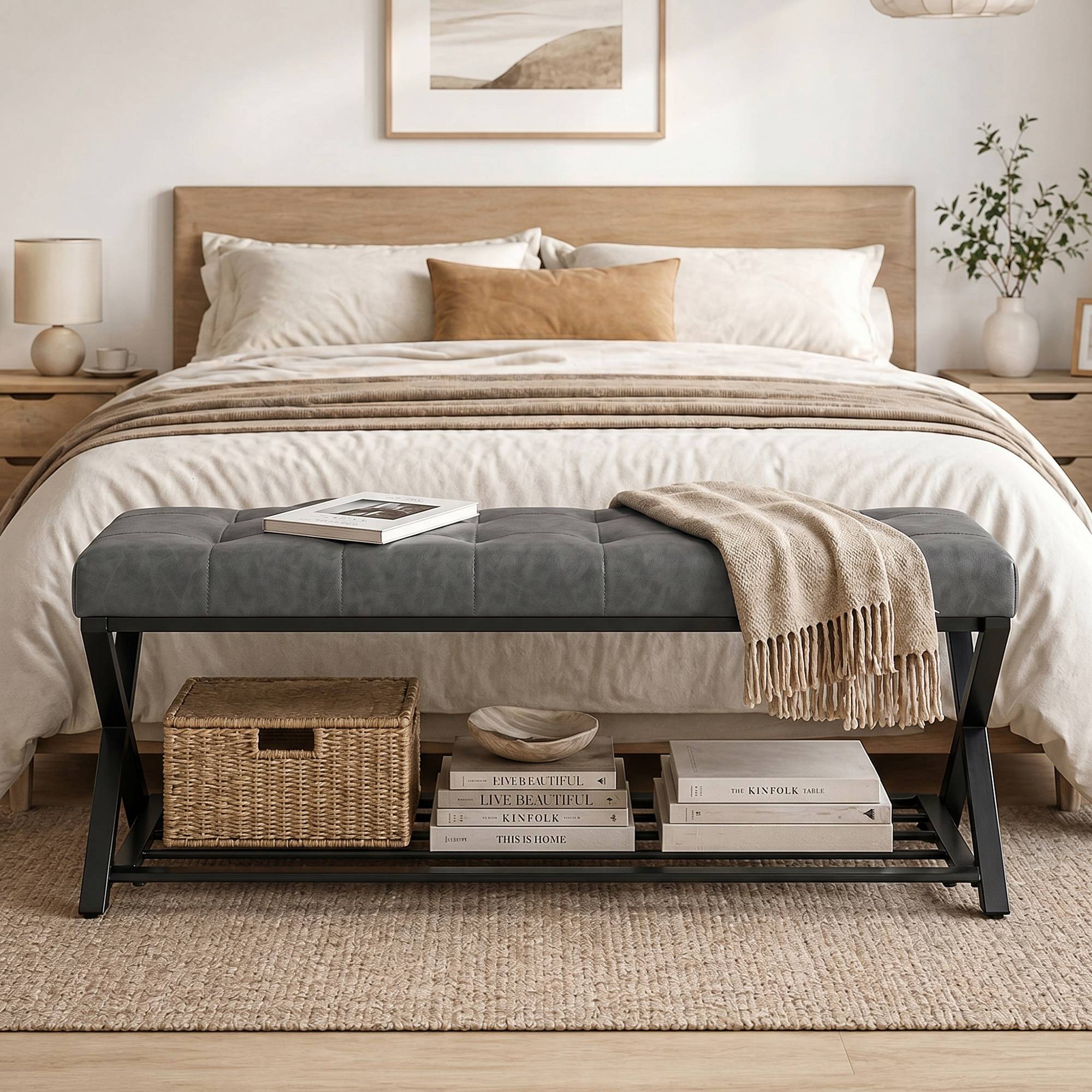Banc d’entrée rembourré en similicuir 112x37x47 cm, capacité 220 kg, meuble à chaussures pour couloir, design moderne, gris foncé - Image 10