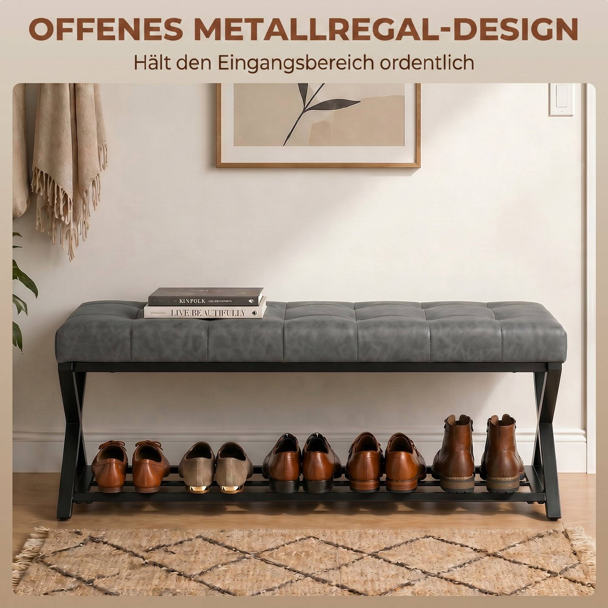 Banc d’entrée rembourré en similicuir 112x37x47 cm, capacité 220 kg, meuble à chaussures pour couloir, design moderne, gris foncé - Image 8