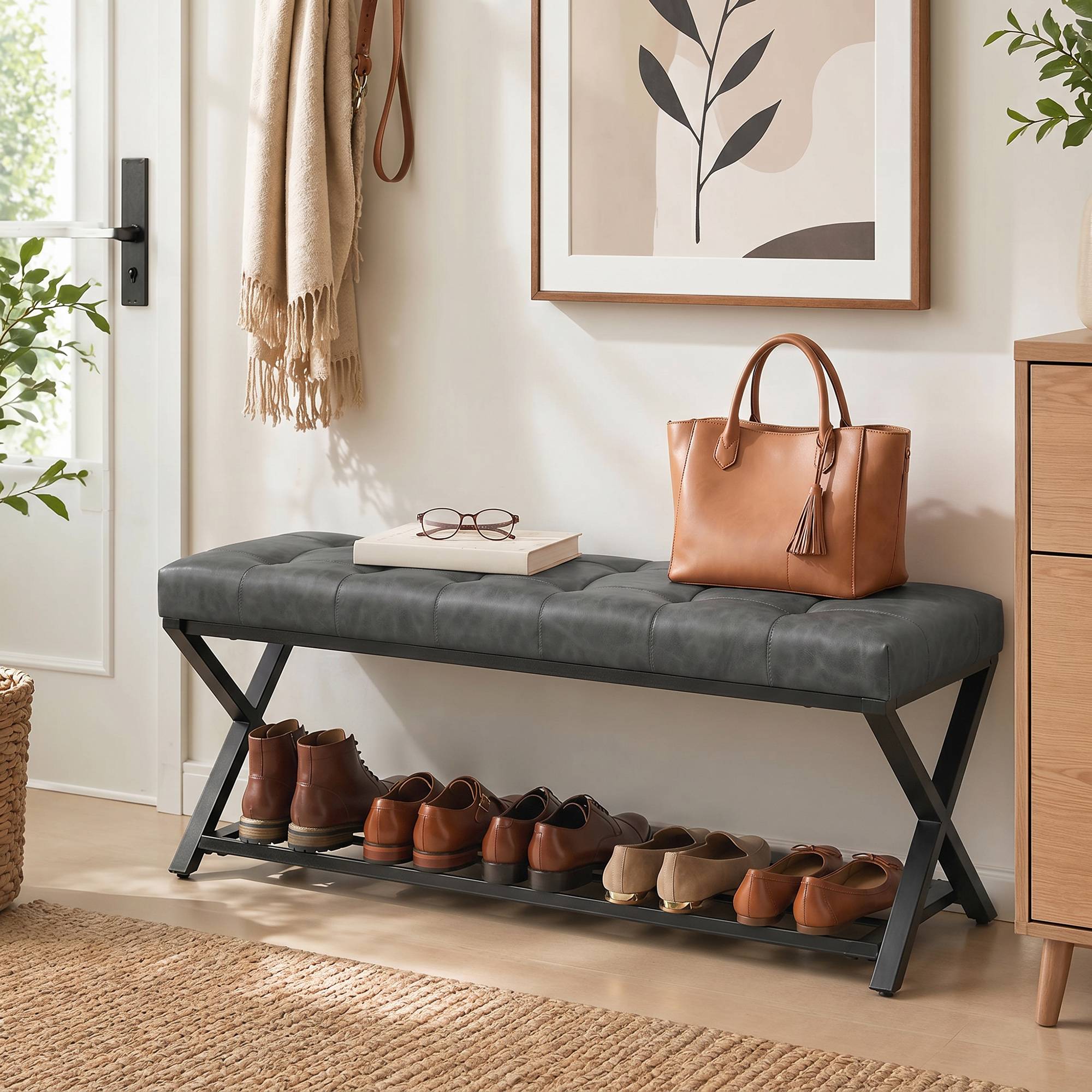 Banc d’entrée rembourré en similicuir 112x37x47 cm, capacité 220 kg, meuble à chaussures pour couloir, design moderne, gris foncé - Image 3