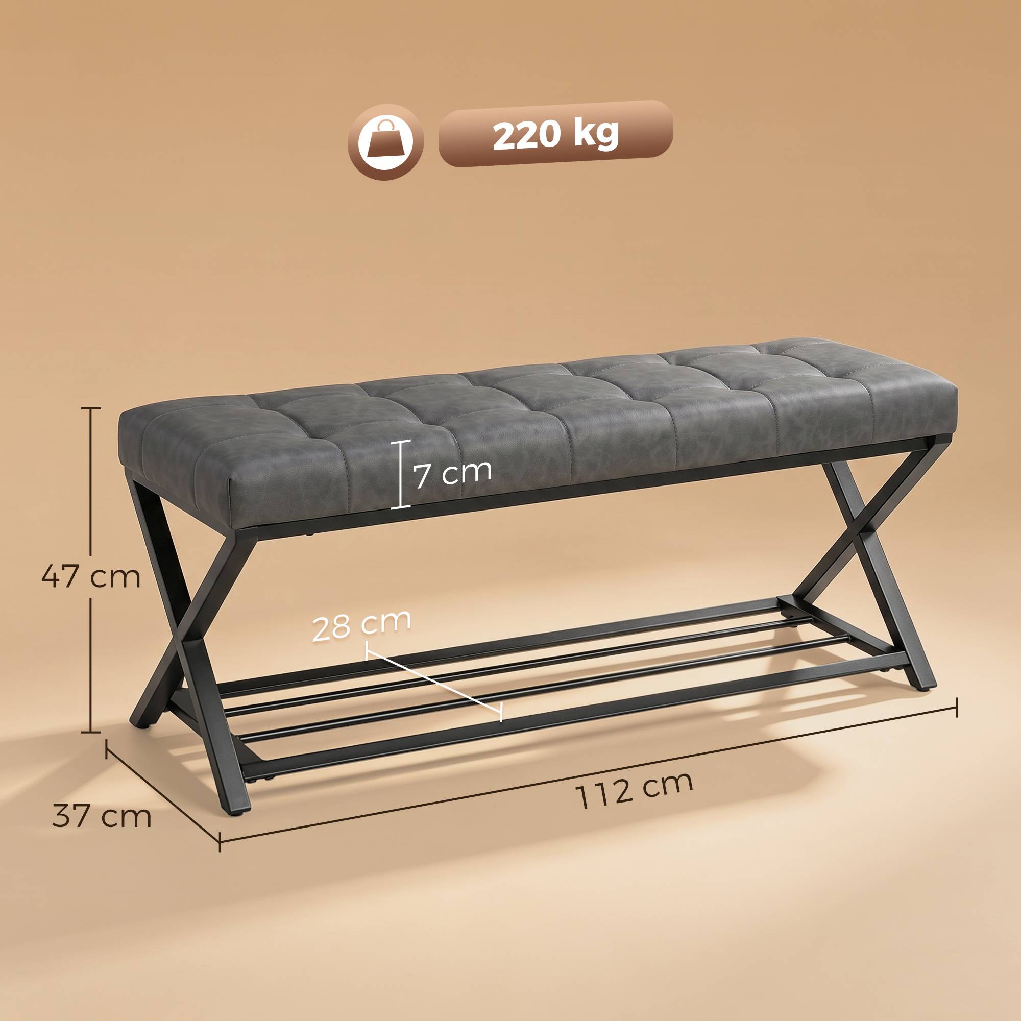 Banc d’entrée rembourré en similicuir 112x37x47 cm, capacité 220 kg, meuble à chaussures pour couloir, design moderne, gris foncé - Image 5