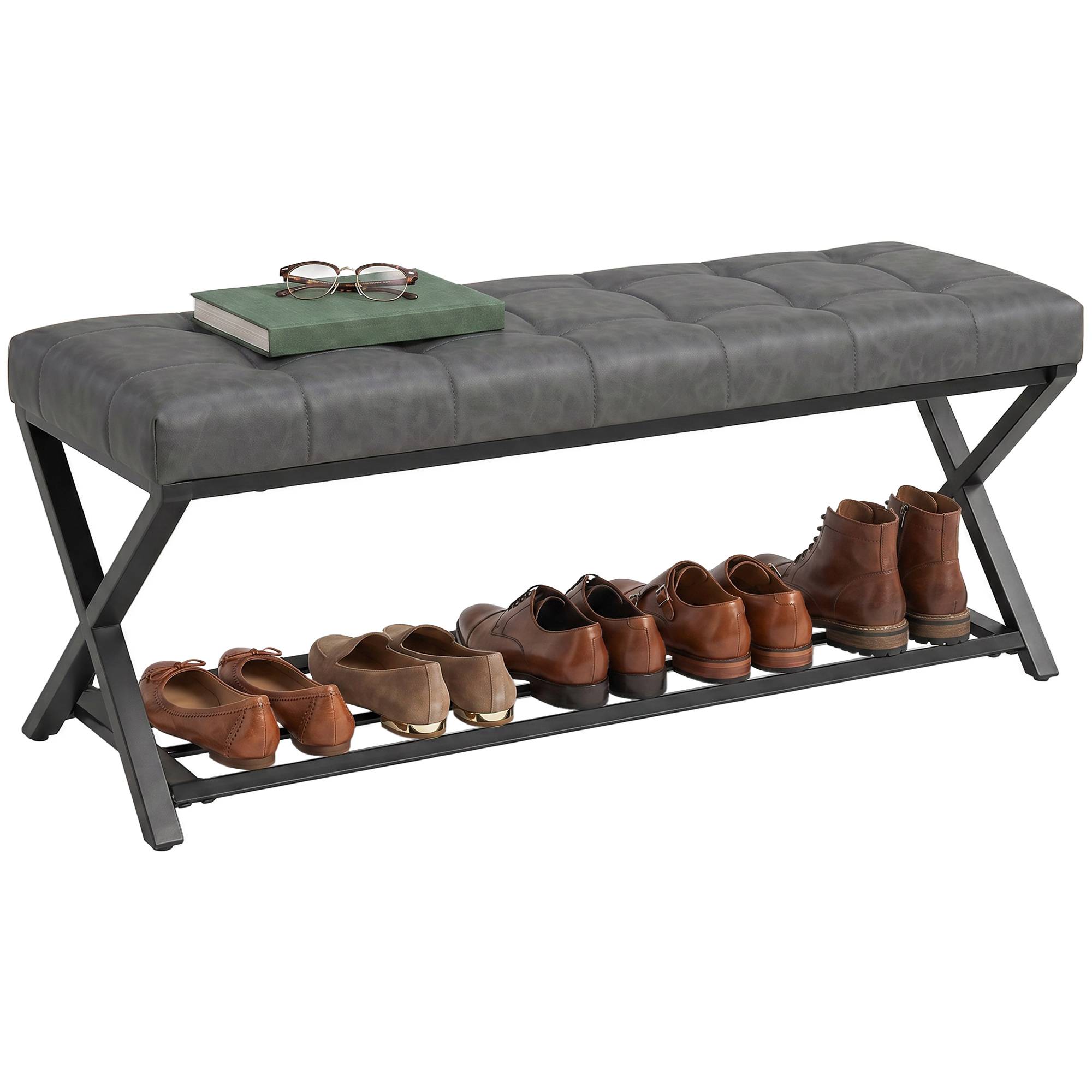 Banc d’entrée rembourré en similicuir 112x37x47 cm, capacité 220 kg, meuble à chaussures pour couloir, design moderne, gris foncé - Image 1
