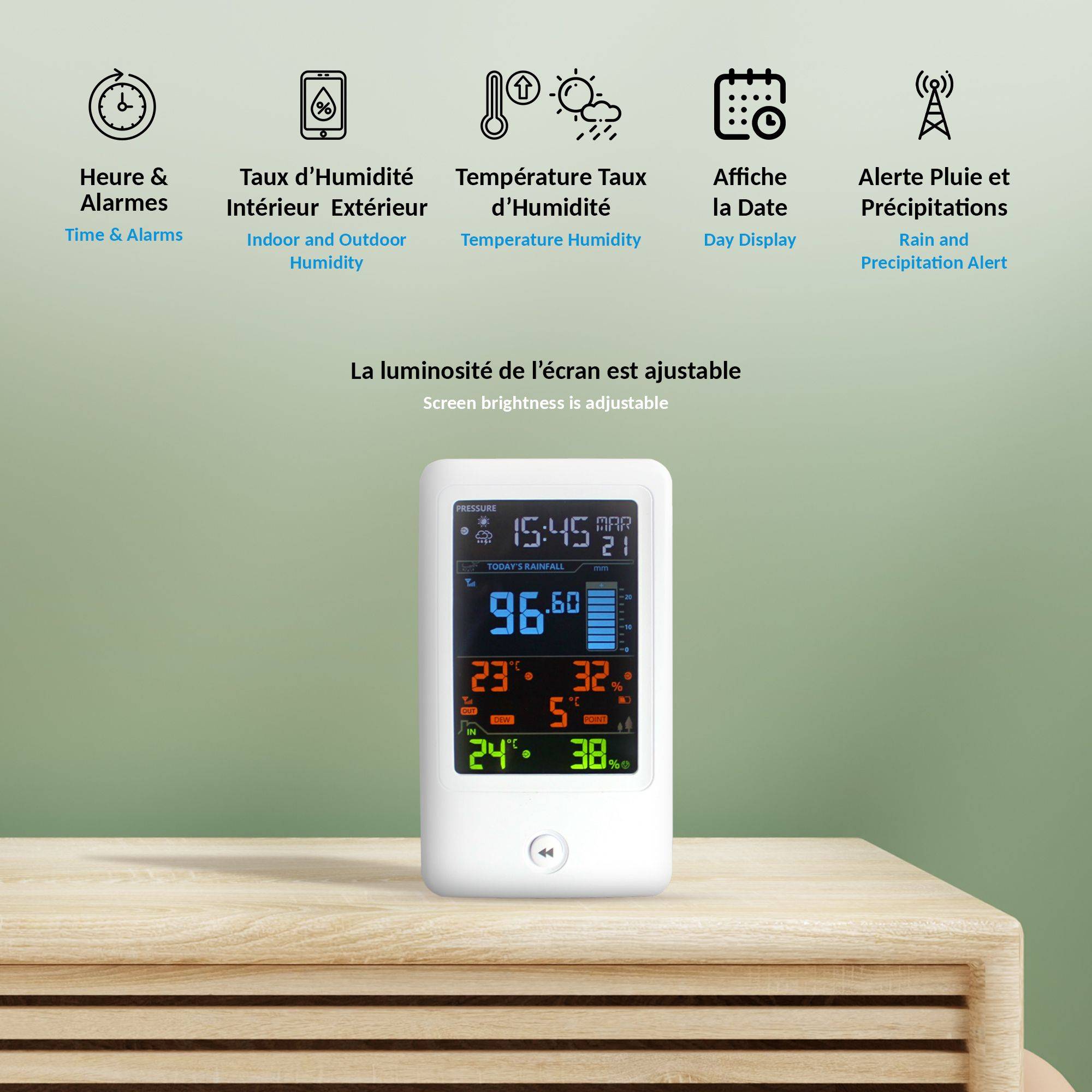 Station Météo Intelligente Capteur Extérieur Écran LCD Ajustable Pluviomètre à Poser - Image 3