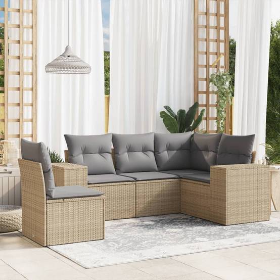 Salon de jardin 5 places beige modulable en poly rotin avec accoudoirs XL pour balcon Gris – ComfortXL Outdoor Living - Image 1