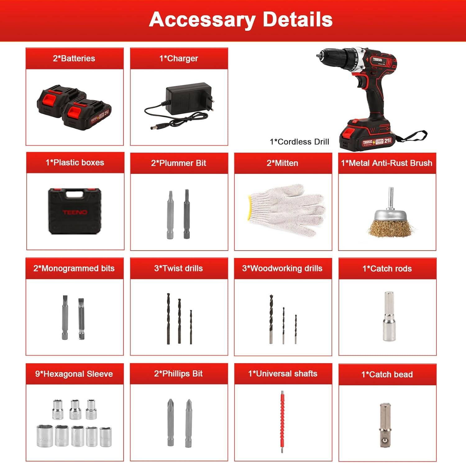 45Nm Perceuse Visseuse Sans Fil 21V Pour Batterie Makita 2x2.0Ah Batteries,25+1 Réglages de Couple,Brosse Antirouille Métal,LED,2 Vitesses,31 - Image 2