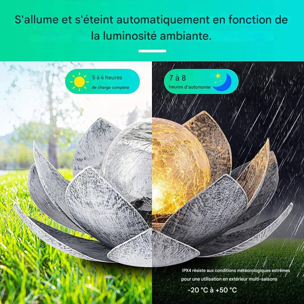 Lampes solaires d'extérieur - Fleurs de lotus - Décoration de jardin - Lampe solaire moderne - Décoration de terrasse - En métal et verre - Fleur de