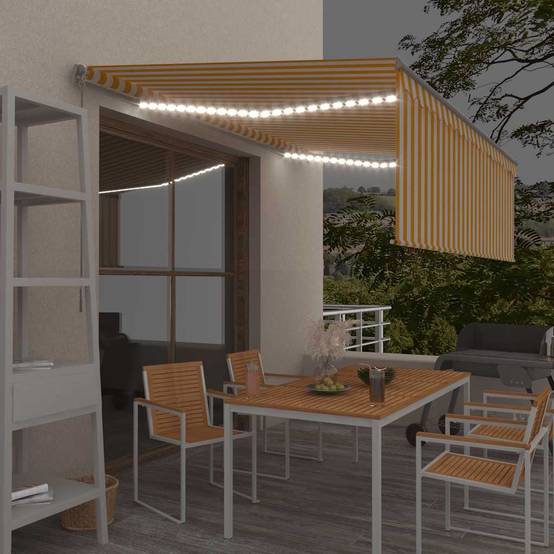 Store de Terrasse Manuel avec Éclairage LED et Store Vertical Intégré Jaune et Blanc 4x3m – ComfortXL Outdoor Living - Image 1