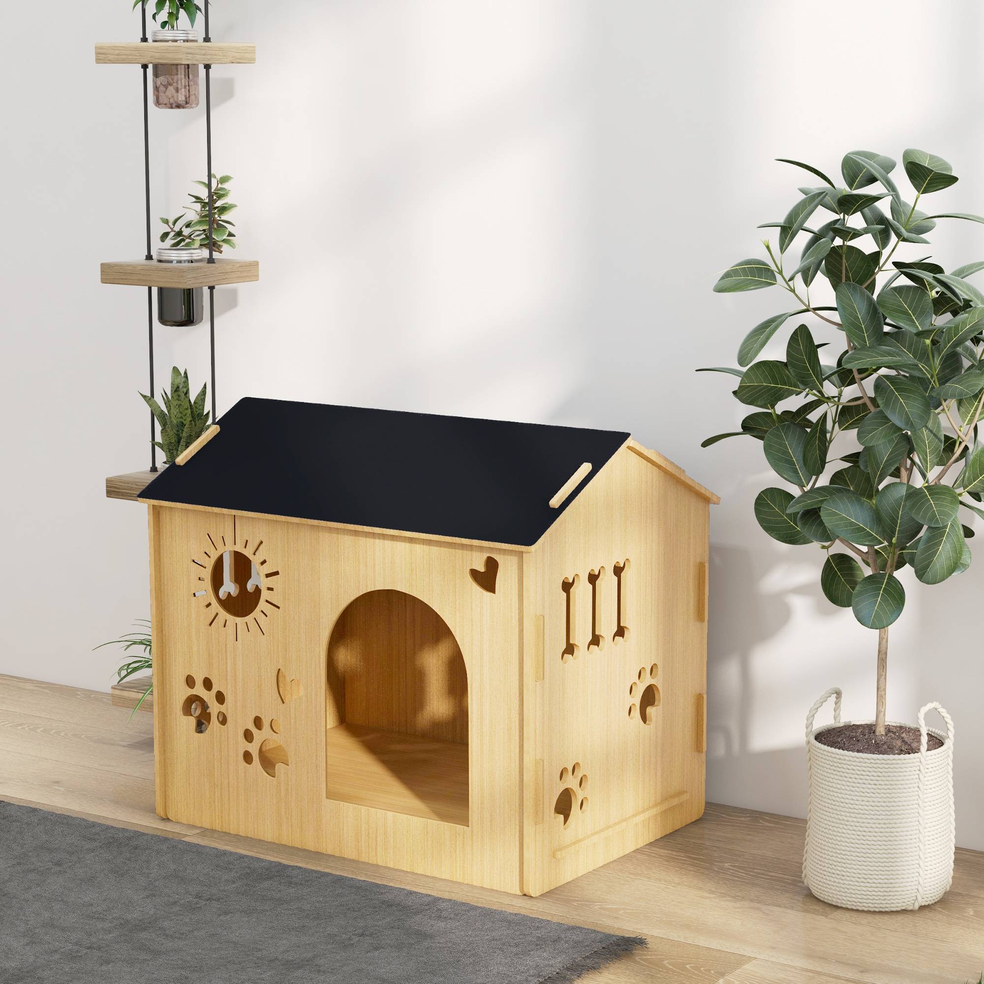 ComfortXL - Niche pour chien en MDF chêne et noir 69 x 50 x 58,5 cm abri extérieur ventilé résistant aux intempéries - Image 9