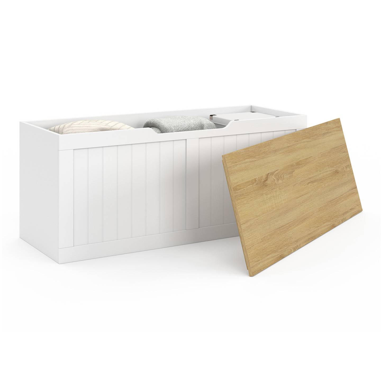 Banc coffre rangement 100 cm LEON bois et blanc - Image 4
