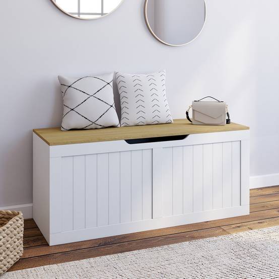 Banc coffre rangement 100 cm LEON bois et blanc - Image 1